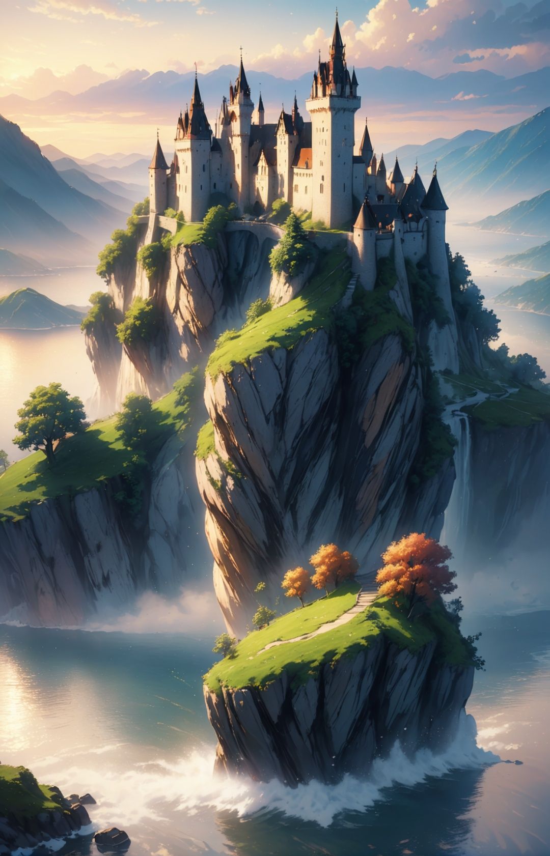 (1girl:1.5),look at viewer,outdoors,A dim light,chiaroscuro,depth of field,motion blur,cinematic lighting,ray tracing,super detail,award winning,best quality,lively,happy,colored hair,dynamic angle,cinematic,moody  lighting,Tyndall  effect,castle,sunset,