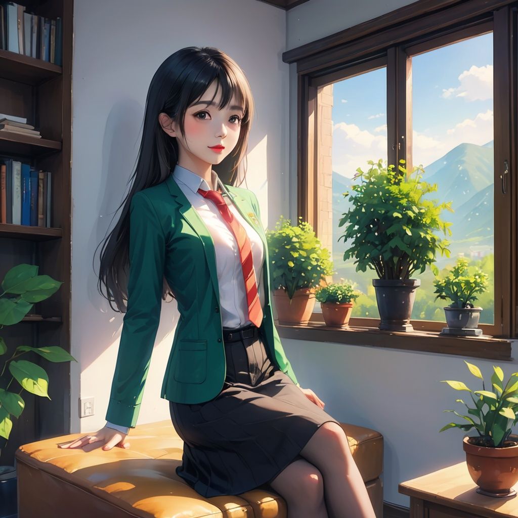 Living room, sofa, girl in teacher's uniform, sitting on the sofa, french window, green plants, sunshine, black leather boots, black stockings, gentle, long blond hair