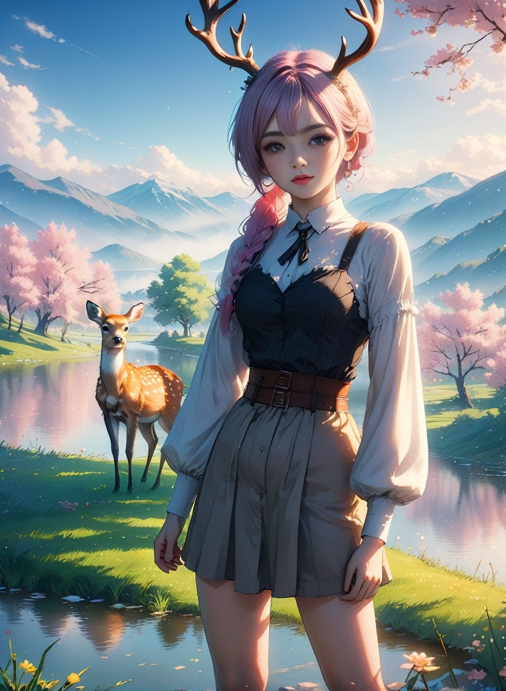 (1girl:1.5),look at viewer,half body,colored hair,stand,(deer:1.3),sunlight penetrates through trees,lake,smoke,in spring,HDR,UHD,8K,best quality,extreme detail description,(EOS R8,50mm,F1.2,8K,RAW photo,Bokeh,