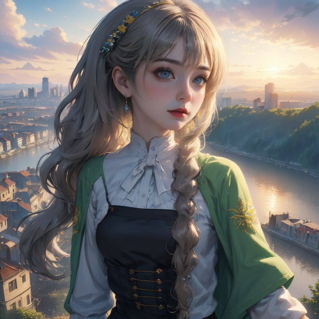 {{masterpiece}},illustration,best quality,extremely detailed CG unity 8k wallpaper,original,high resolution,oversized documents,portrait,{{{{{extremely delicate and beautiful girl}}}}},1girl,solo,messy hair,hair flowing in the wind,blonde hair,very long hair,beautiful detail eyes,jewel eyes,glowing circle pupils,{{golden eyes}},good lighting,{{{{ray tracing}}}},sparkling,{{abandoned building}},{{on ruins}},{{staring at sunset at dusk}},depth of field,profile,