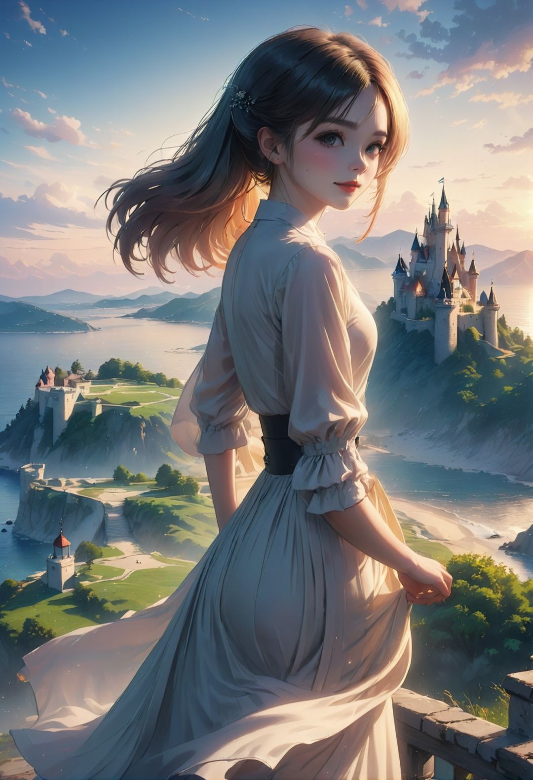 (1girl:1.5),look at viewer,outdoors,A dim light,chiaroscuro,depth of field,motion blur,cinematic lighting,ray tracing,super detail,award winning,best quality,lively,happy,colored hair,dynamic angle,cinematic,moody  lighting,Tyndall  effect,castle,sunset,