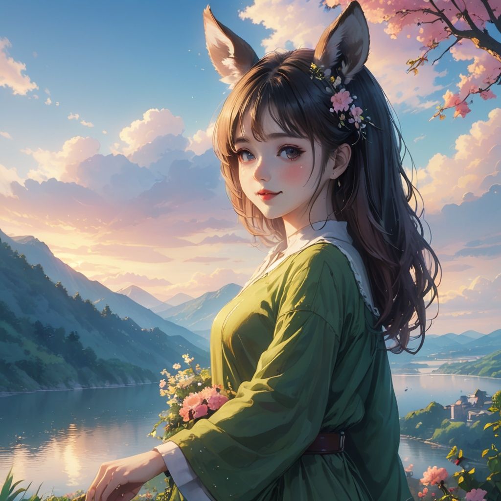 1girl,obvious layers,Sunset, upper body,1deer,garland,depth of field,best quality,Flying petals, sacred halo,Best quality, Fuji color, extremely detailed description, rich details, contrast between light and shade, film lighting effect, 4k.