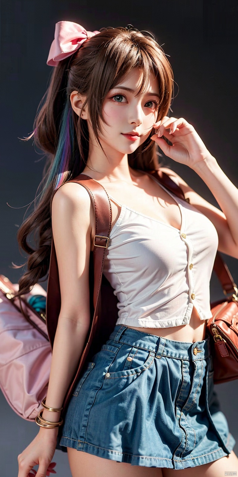  Good structure), (high definition: 1.0), (HD: 1.0), , (ultra resolution: 1.0), (4K: 1.0), (photorealistic: 1.0), (realistic: 1.0), , (professional photography: 1.0), (DSLR quality: 1.0), , (detailed: 1.0), (sharp focus: 1.0), , (masterpiece: 1.2), (epic shot: 1.2),
anatomically-precise-finger-details,
, Cinematic, ,, , solo, 1girl, perfect boody, Wind, flowing hair, kind smile, , pose for picture, Dynamic pose, looking_at_viewer,
, girls, cartoon backpack, bag, Bangs, blue bow, (pink skirt) , bow, bracelet, cowboy shot, gradient, gradient background, hair between eyes, hair bow, hair accessories, hairpins, hats, jackets, (((rainbow hair))) , long hair, looking at the audience, on the head, pleated skirt, polka-dot bow, purple eyes, blue vest, schoolbag, shirt, shoulder bag, skirt, solo, star (symbol) , thigh socks, double-breasted, (white shirt) , wristband, Detail, BY MOONCRYPTOWOW,  aerith gainsborough