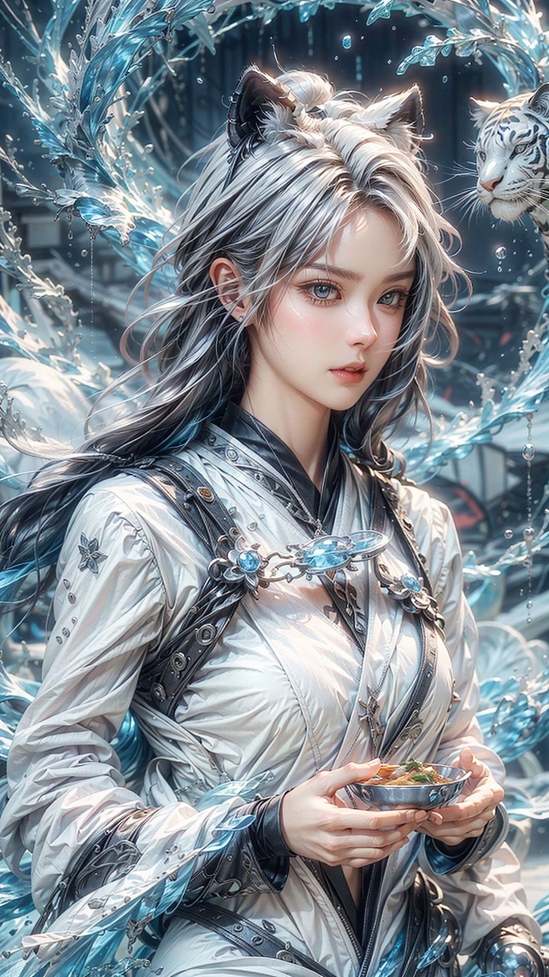 white tiger,  1girls,  Science fiction art,  epic art,  supernatural beauty,  rich in detail,  three-dimensional,  visual feast,  ultra HD,  best quality masterpiecesbest quality masterpieces, yushui, <lora:EMS-35532-EMS:0.300000>, , <lora:EMS-8537-EMS:0.400000>, , <lora:EMS-27163-EMS:0.500000>