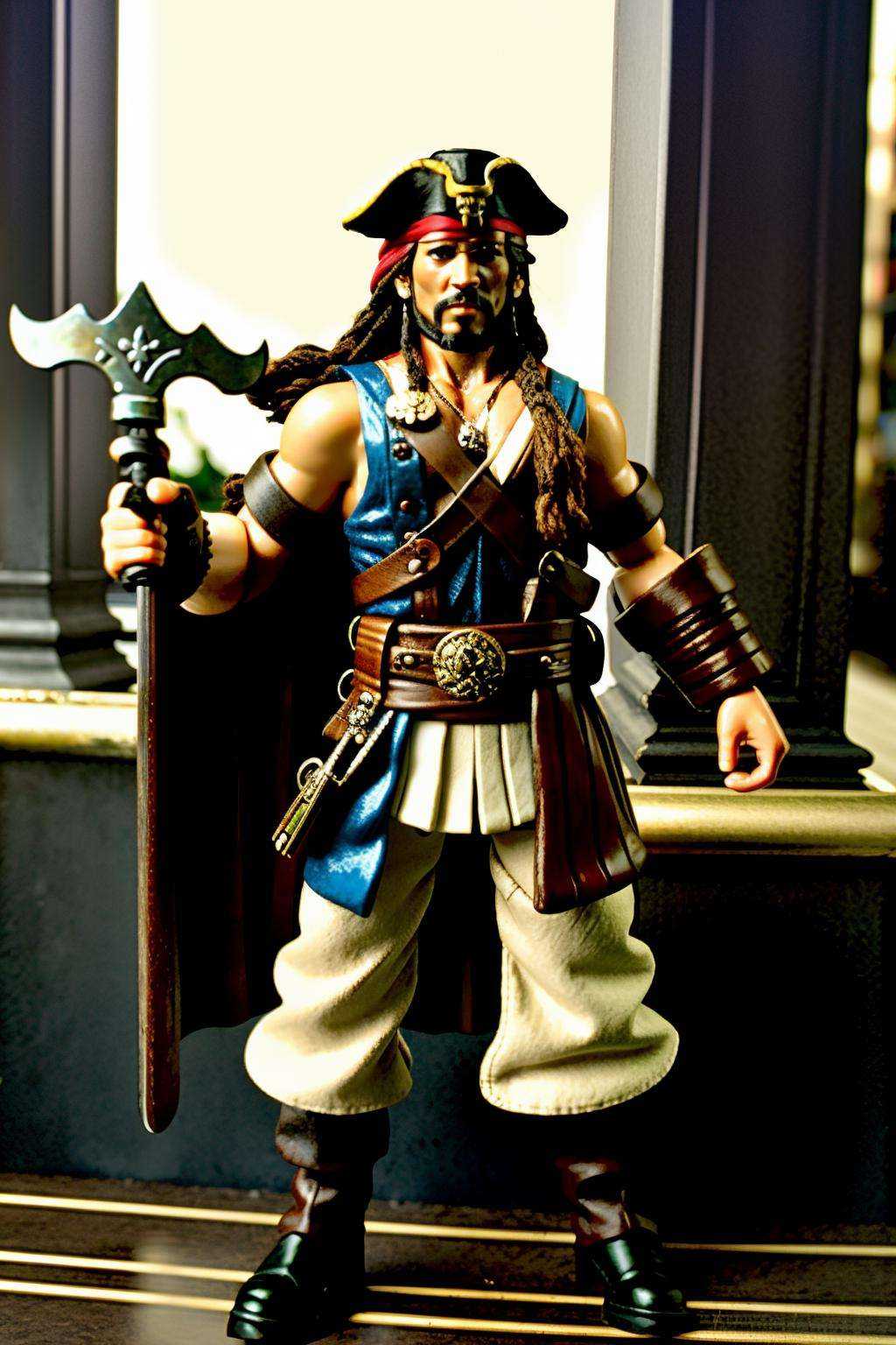 Thor-Pirate: Merging Thor and Captain Jack Sparrow,  this figure wields Mjölnir:0.6 with a pirate's charm:0.4 on the high...