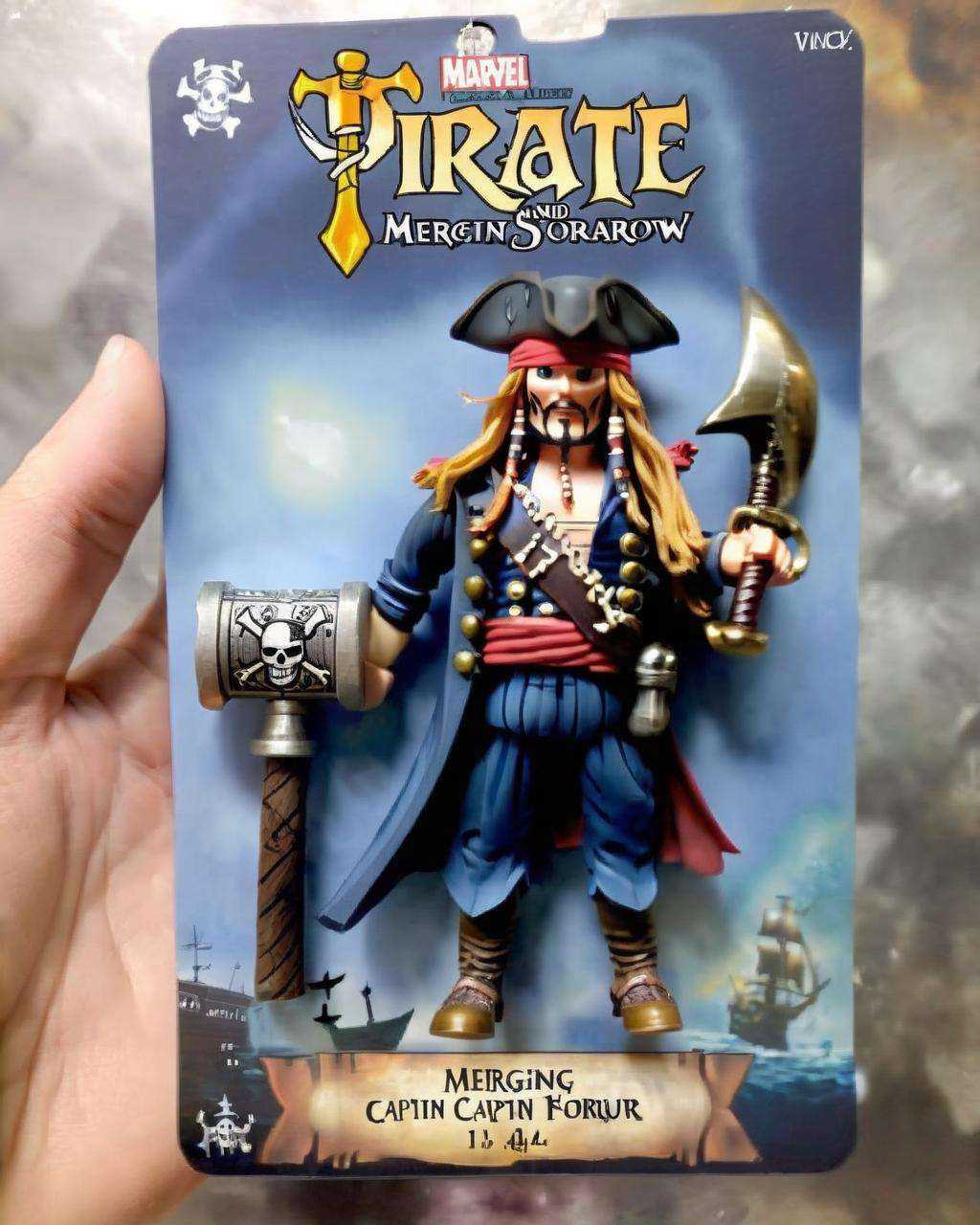 Thor-Pirate: Merging Thor and Captain Jack Sparrow,  this figure wields Mjölnir:0.6 with a pirate's charm:0.4 on the high...