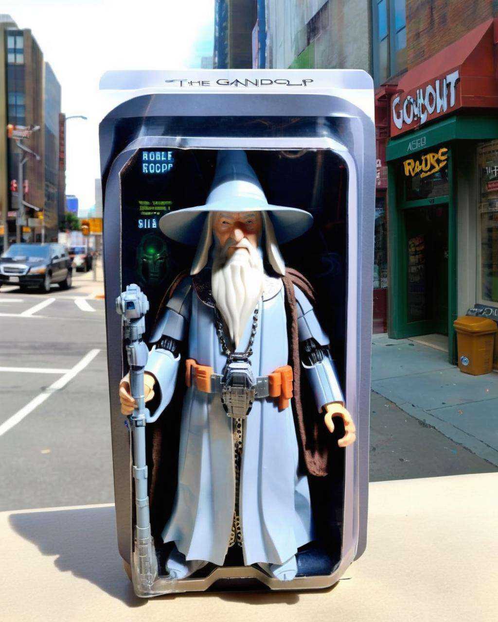Robo-Gandalf: A hybrid of RoboCop and Gandalf,  this action figure patrols the streets:0.4 with magical wisdom:0.4. on Ten...