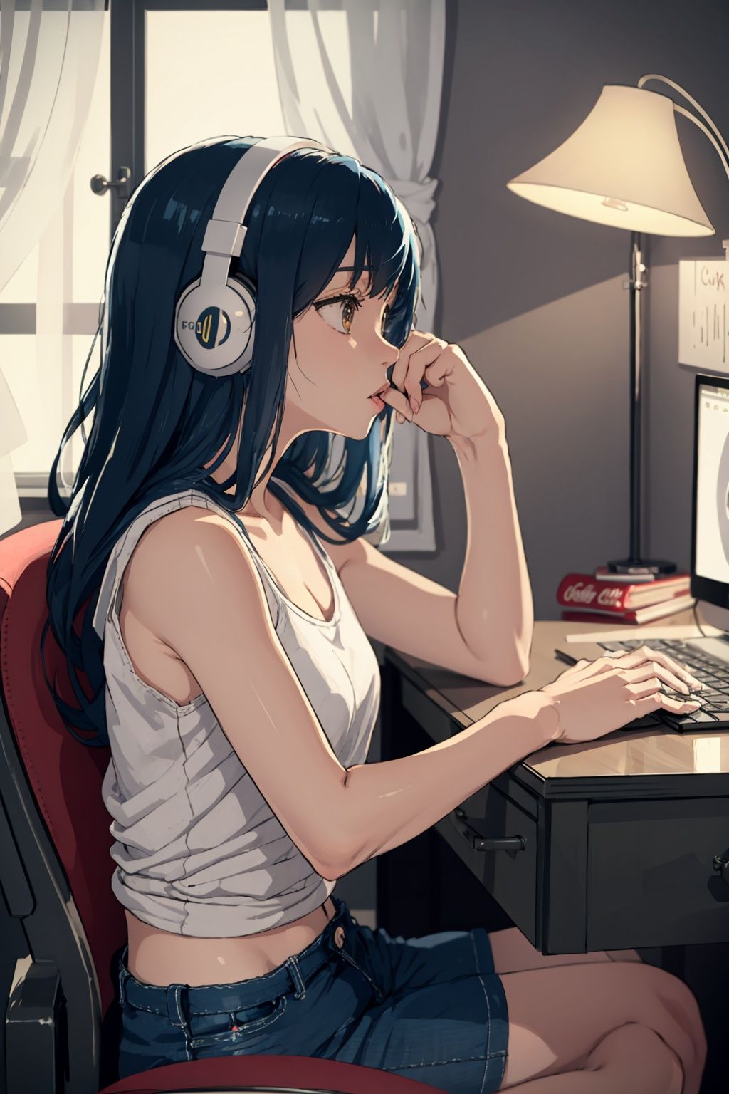 masterpiece, best quality,1girl, solo, headphones, sitting, blue theme, chair, computer, monitor, headphones around neck, shorts, bookshelf, long hair, mouse (computer), drawing tablet, keyboard (computer), office chair, indoors, bottle, box, book, from side, **** top, shirt, can, dark, cardboard box, profile, holding, desk, sleeveless, monochrome, stuffed toy, black hair, laptop, short shorts, messy room, shelf, drawing, stylus, trash can, paper, stuffed animal, cup, lamp, sleeveless shirt, bare shoulders, sketch, watch, pen, night, soda can, water bottle, clock, closed mouth, pencil, wristwatch, poster (object), bangs, desk lamp, blue hair, book stack, controller, game controller, coca-cola, phone, curtains, tissue box, window, teddy bear, drawer
