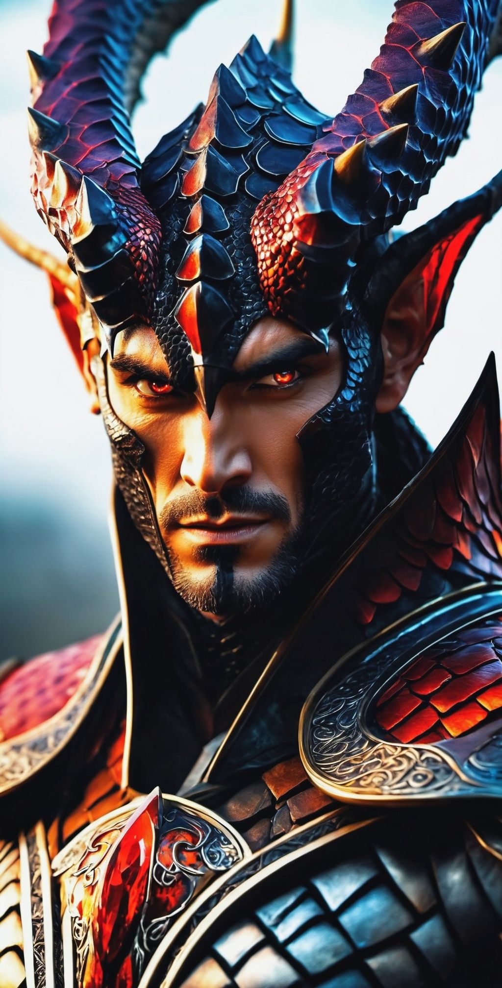 "Create an image of a male character with dragon-scale-like skin covering his entire body. He should have two prominent,...