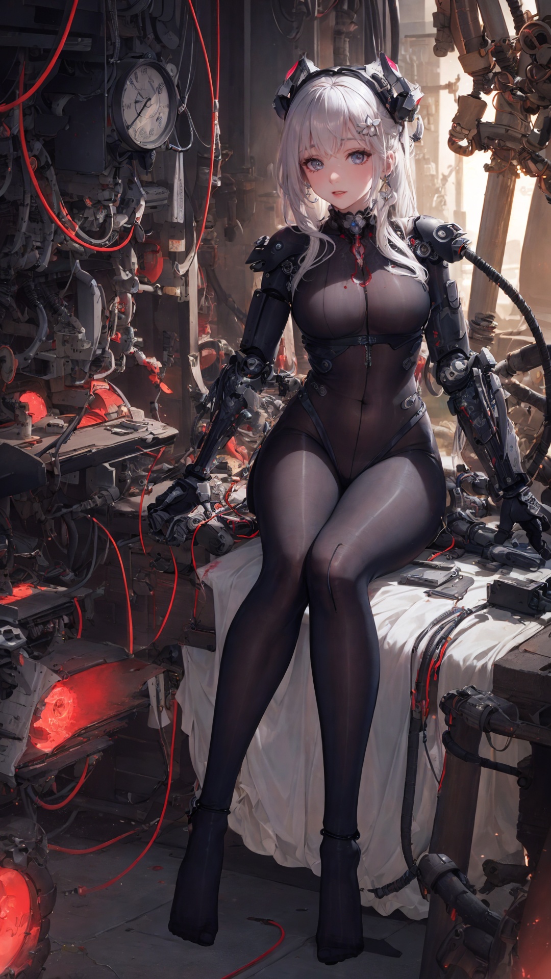 (tutult:1.3),bodysuit,pantyhose,(masterpiece, top quality, best quality, official art, beautiful and aesthetic:1.3), (1girl:1.3), extreme detailed,colorful,highest detailed,((ultra-detailed)), (highly detailed CG illustration), ((an extremely delicate and beautiful)),cinematic light,((1mechanical girl)),solo,full body,(steampunk),(machine made joints:1.2),(mechanical limbs),(blood vessels connected to tubes),((mechanical cervial attaching to neck)),(sitting),expressionless,wires and cables attaching to neck,wires and cables on head,,science fiction,mechanical city, active pose, <lora:图图的嗨丝（8D黑色马油油亮连体黑丝_袜）_V1.0:0.65>