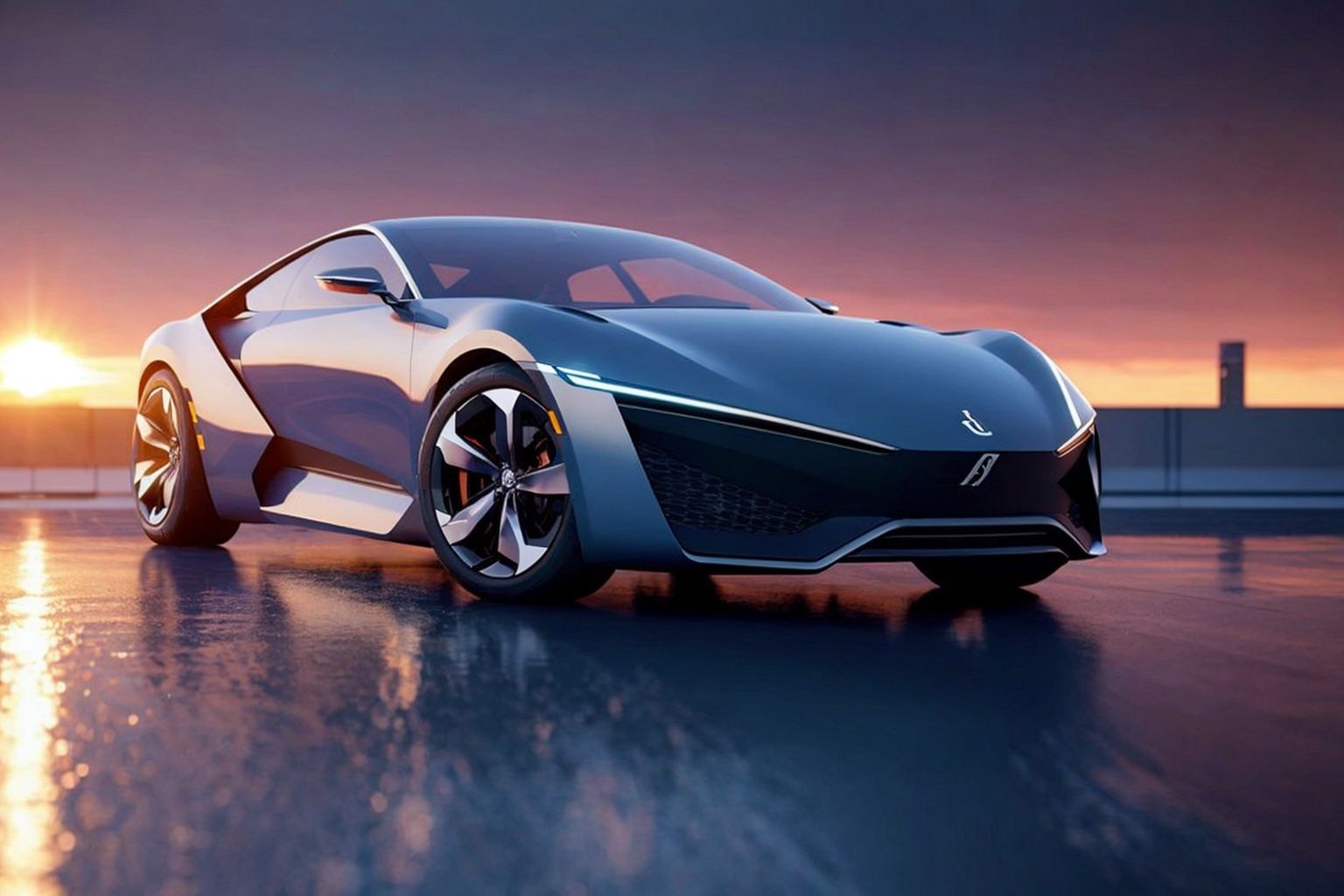((blender cycles render style)), solo, the futuristic city of Tokyo in the year 2050, sunset view reflected on the surface, lens flare, motion blur, blur background, (simple future concept car), future SUV, muscular volume, 1boy, 1girl, wheels turning, speed, masterpiece:2, best quality, car, science fiction, reflection paint, ground vehicle, vehicle focus, ultra-realistic detail, reflective ground, cardesignworld, car design trend 2023, navy pearl metallic paint, low camera angle,  