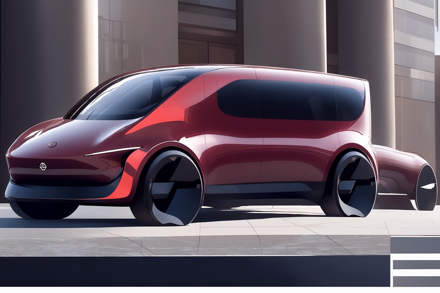  Masterpiece,(of the best quality),a concept （((VAN:1.4))),conceptual design,and electric vehicle elements.with a sense of technology,simplicity,The red car paint has a good texture and luster.