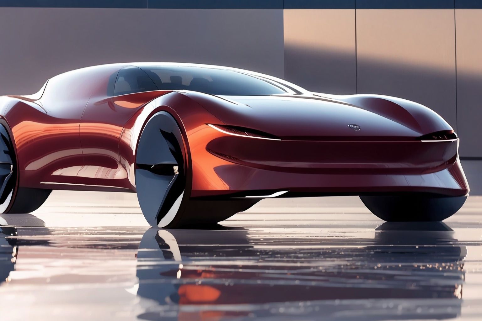  Masterpiece,(of the best quality),a concept （((VAN:1.4))),conceptual design,and electric vehicle elements.with a sense of technology,simplicity,The red car paint has a good texture and luster.
