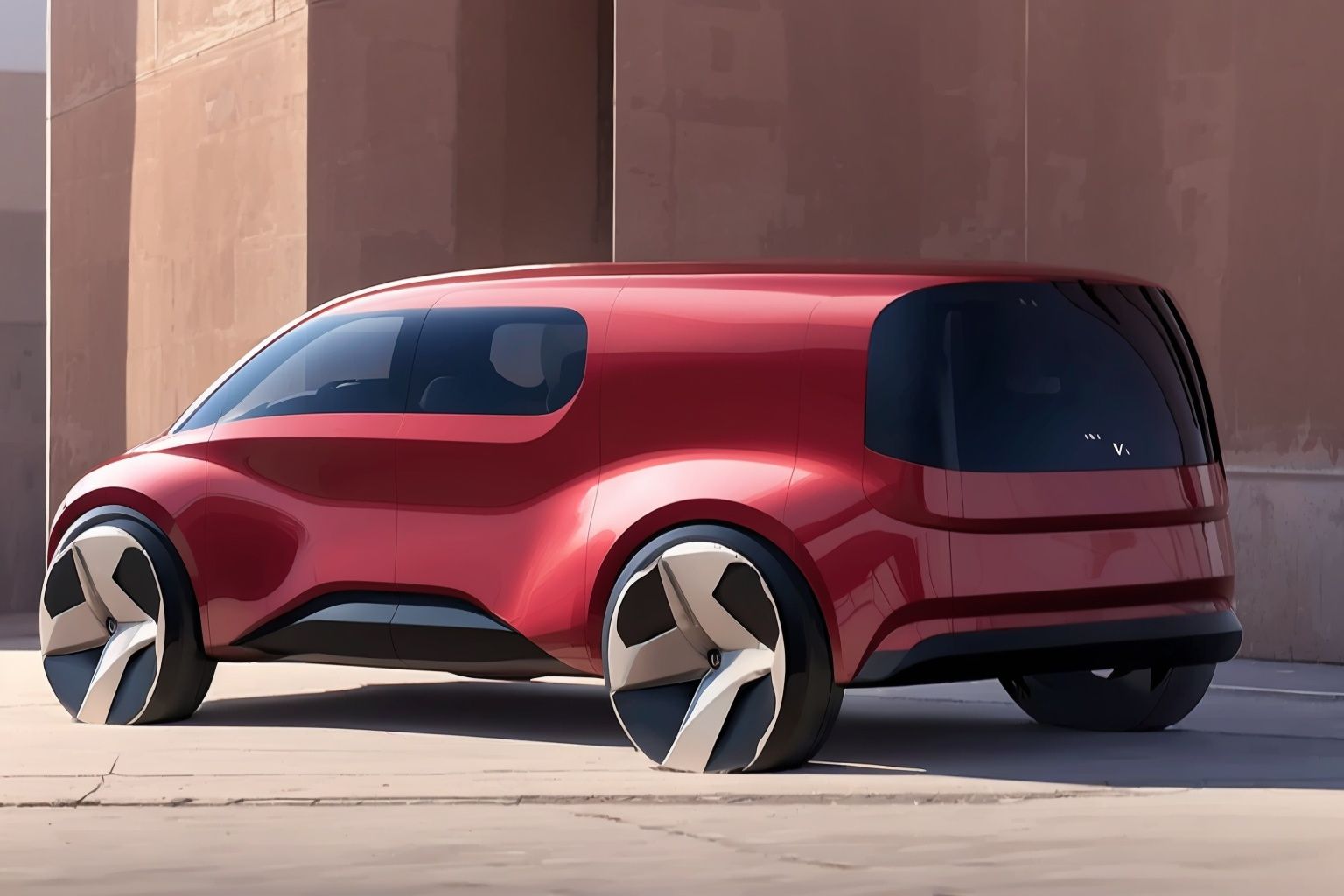 Masterpiece,(of the best quality),a concept （((VAN:1.4))),conceptual design,and electric vehicle elements.with a sense of technology,simplicity,The red car paint has a good texture and luster.