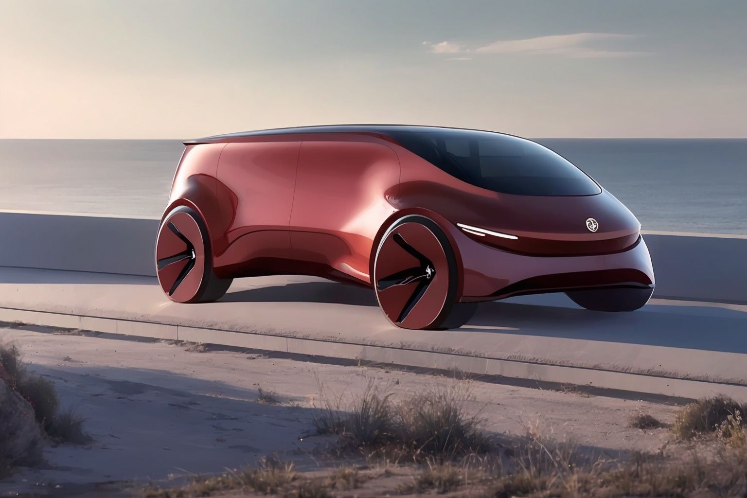  Masterpiece,(of the best quality),a concept （((VAN:1.4))),conceptual design,and electric vehicle elements.with a sense of technology,simplicity,The red car paint has a good texture and luster.