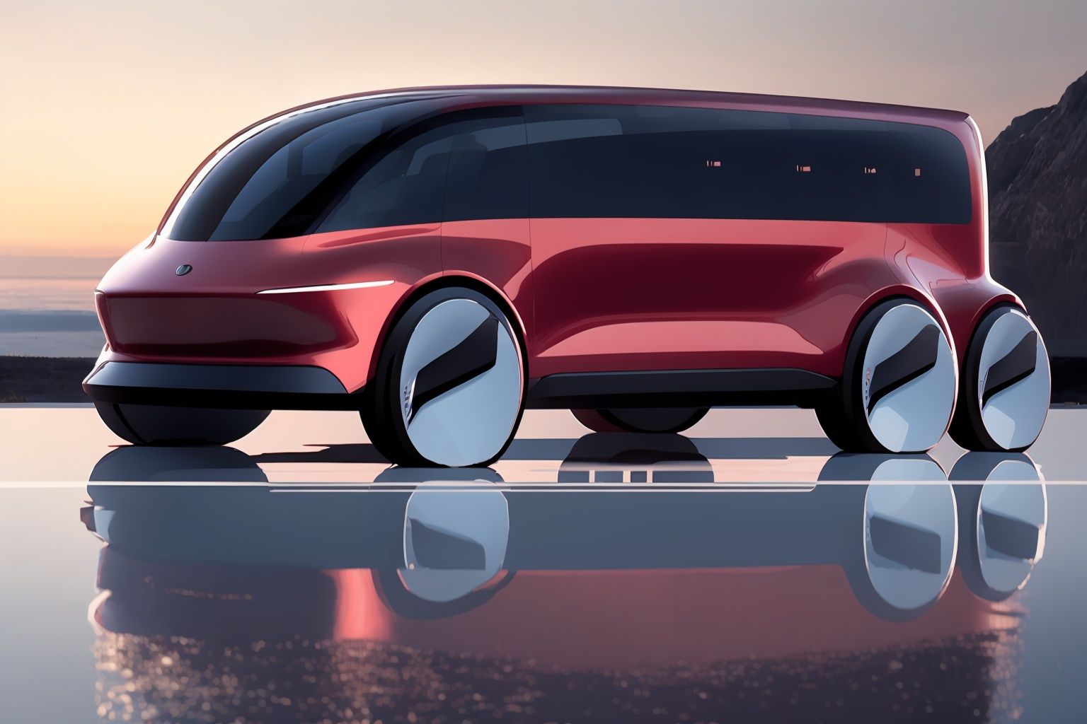  Masterpiece,(of the best quality),a concept （((VAN:1.4))),conceptual design,and electric vehicle elements.with a sense of technology,simplicity,The red car paint has a good texture and luster.