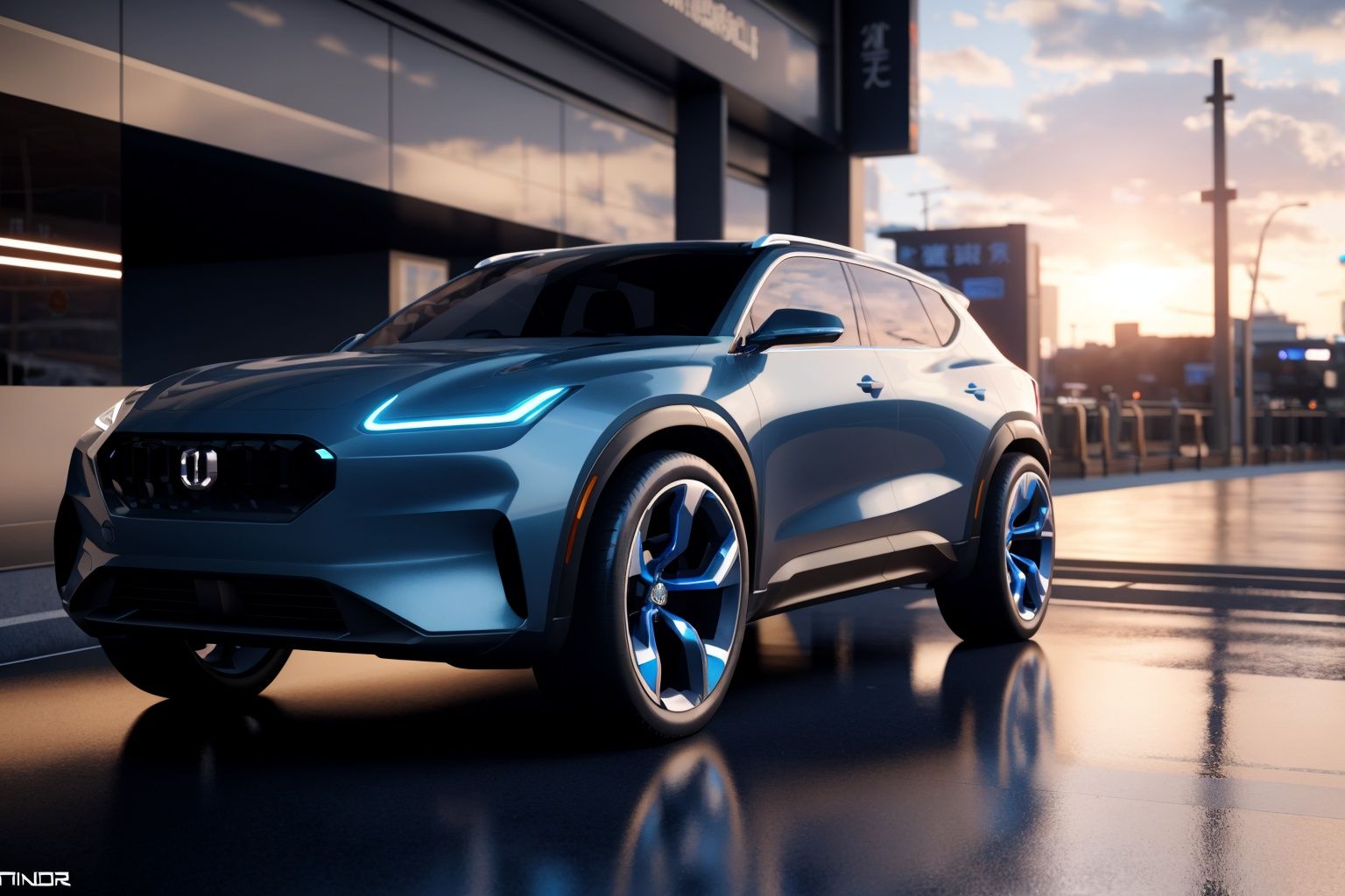 ((blender cycles render style)), solo, the futuristic city of Tokyo in the year 2050, sunset view reflected on the surface, lens flare, motion blur, blur background, (simple future concept car), future SUV, muscular volume, 1boy, 1girl, wheels turning, speed, masterpiece:2, best quality, car, science fiction, reflection paint, ground vehicle, vehicle focus, ultra-realistic detail, reflective ground, cardesignworld, car design trend 2023, navy pearl metallic paint, low camera angle,  