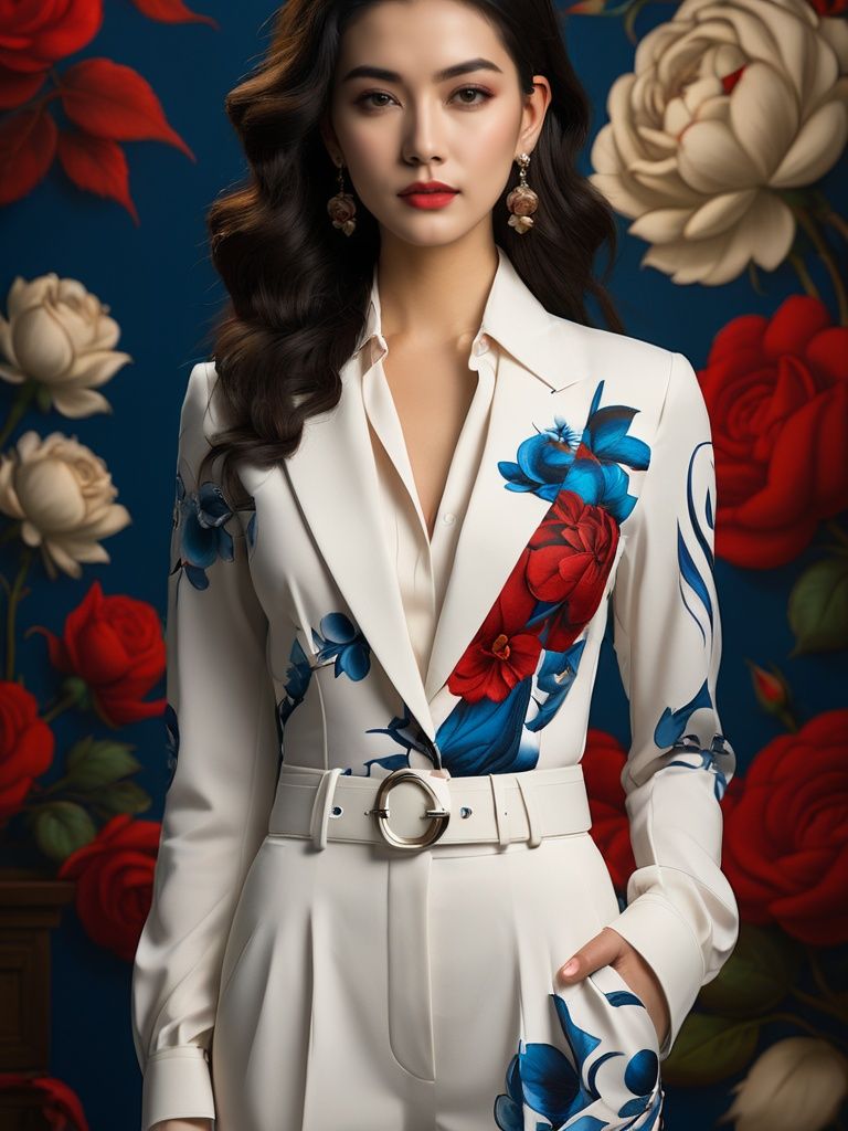1girl,jewelry,solo,earrings,long hair,black hair,flower,looking at viewer,(red suit:1.5),lips,collarbone,brown eyes,rose,cowboy shot,white shirt,realistic,standing,wavy hair,long sleeves,red lips,belt,floral print,<lora:qhc:0.6>,