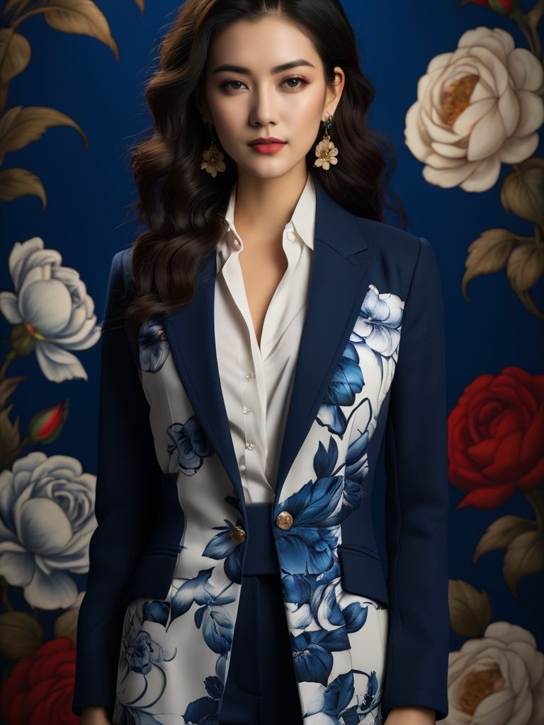 1girl,jewelry,solo,earrings,long hair,black hair,flower,(blue coat:1.5),looking at viewer,lips,collarbone,brown eyes,rose,cowboy shot,white shirt,realistic,standing,wavy hair,long sleeves,red lips,floral print,<lora:qhc:0.6>,