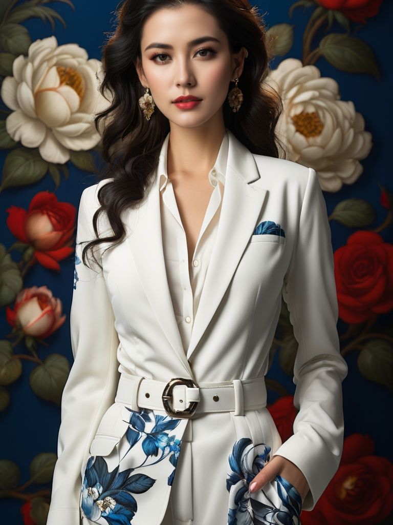 1girl,jewelry,solo,earrings,long hair,black hair,flower,(white jacket:1.5),looking at viewer,lips,collarbone,brown eyes,rose,cowboy shot,white shirt,realistic,standing,wavy hair,long sleeves,red lips,belt,floral print,<lora:qhc:0.6>,
