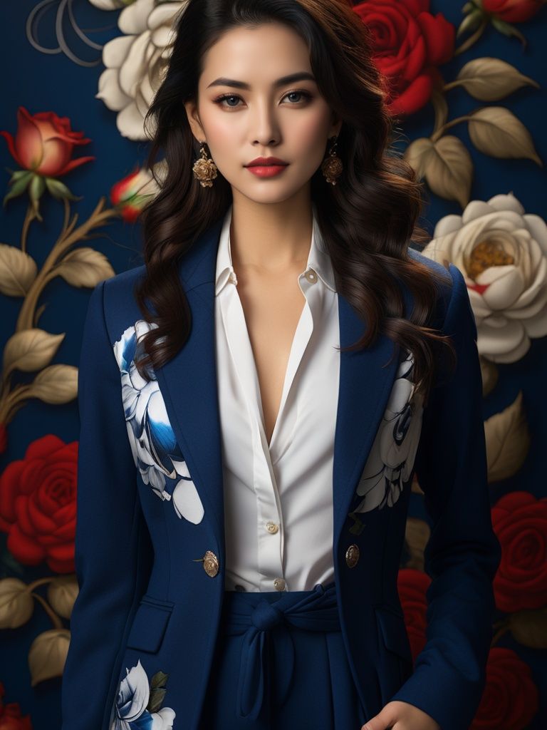 1girl,jewelry,solo,earrings,long hair,black hair,flower,(blue coat:1.5),looking at viewer,lips,collarbone,brown eyes,rose,cowboy shot,white shirt,realistic,standing,wavy hair,long sleeves,red lips,floral print,<lora:qhc:0.6>,