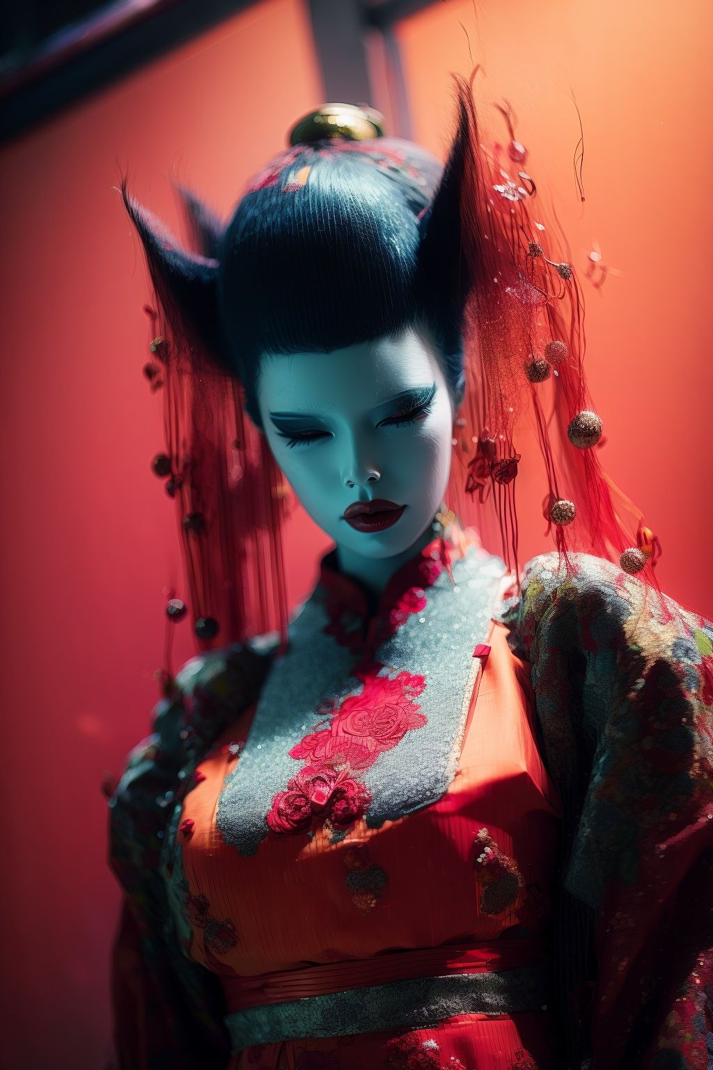 <lora:zskb1:1.5>zskb, 1girl, solo, makeup, black hair, red lips, hair ornament, portrait, lipstick