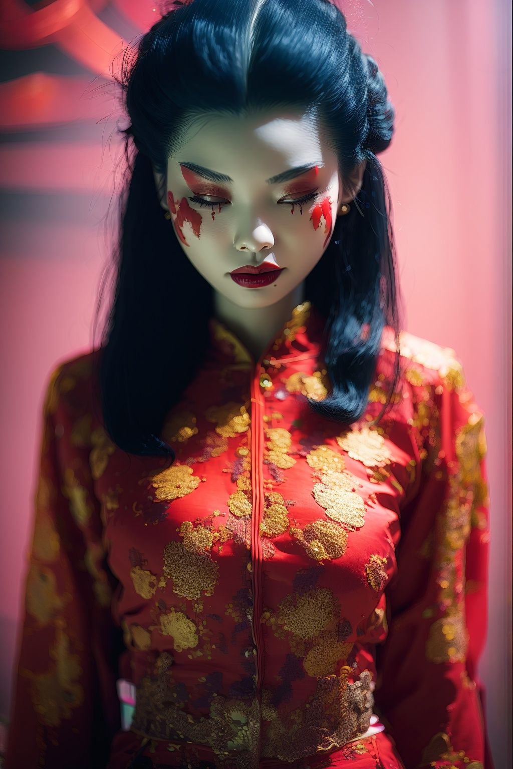 <lora:zskb1:1.5>zskb, 1girl, solo, makeup, black hair, red lips, hair ornament, portrait, lipstick