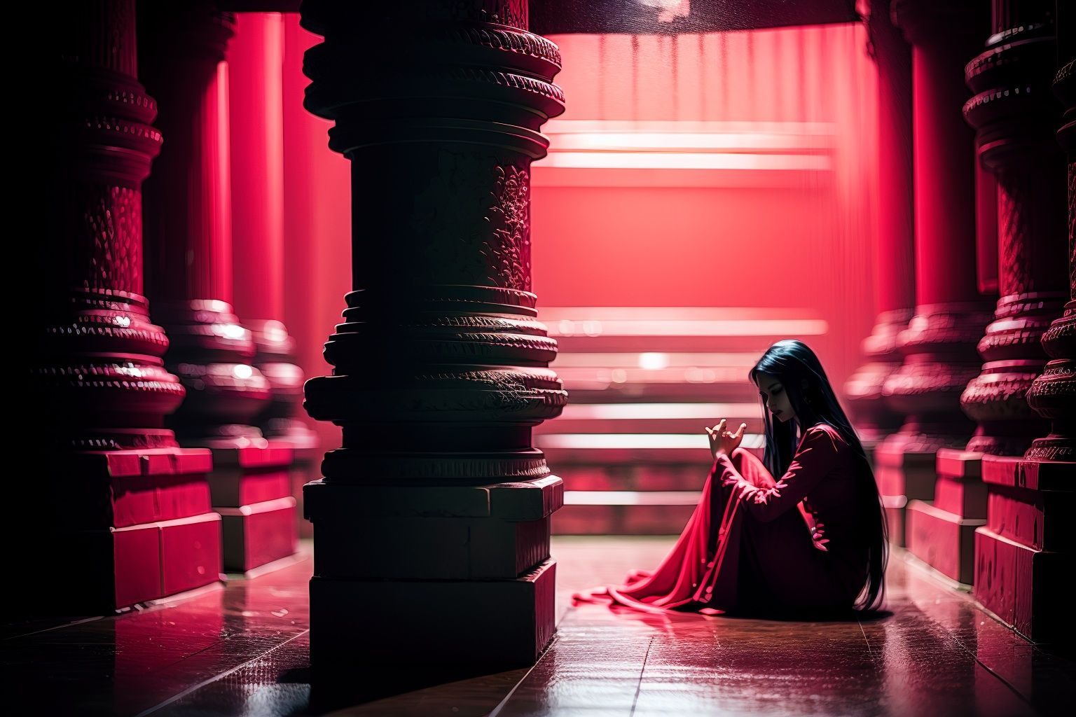 <lora:zskb1:1.5>zskb, 1girl, monster, long hair, black hair, demon, sitting, red theme
