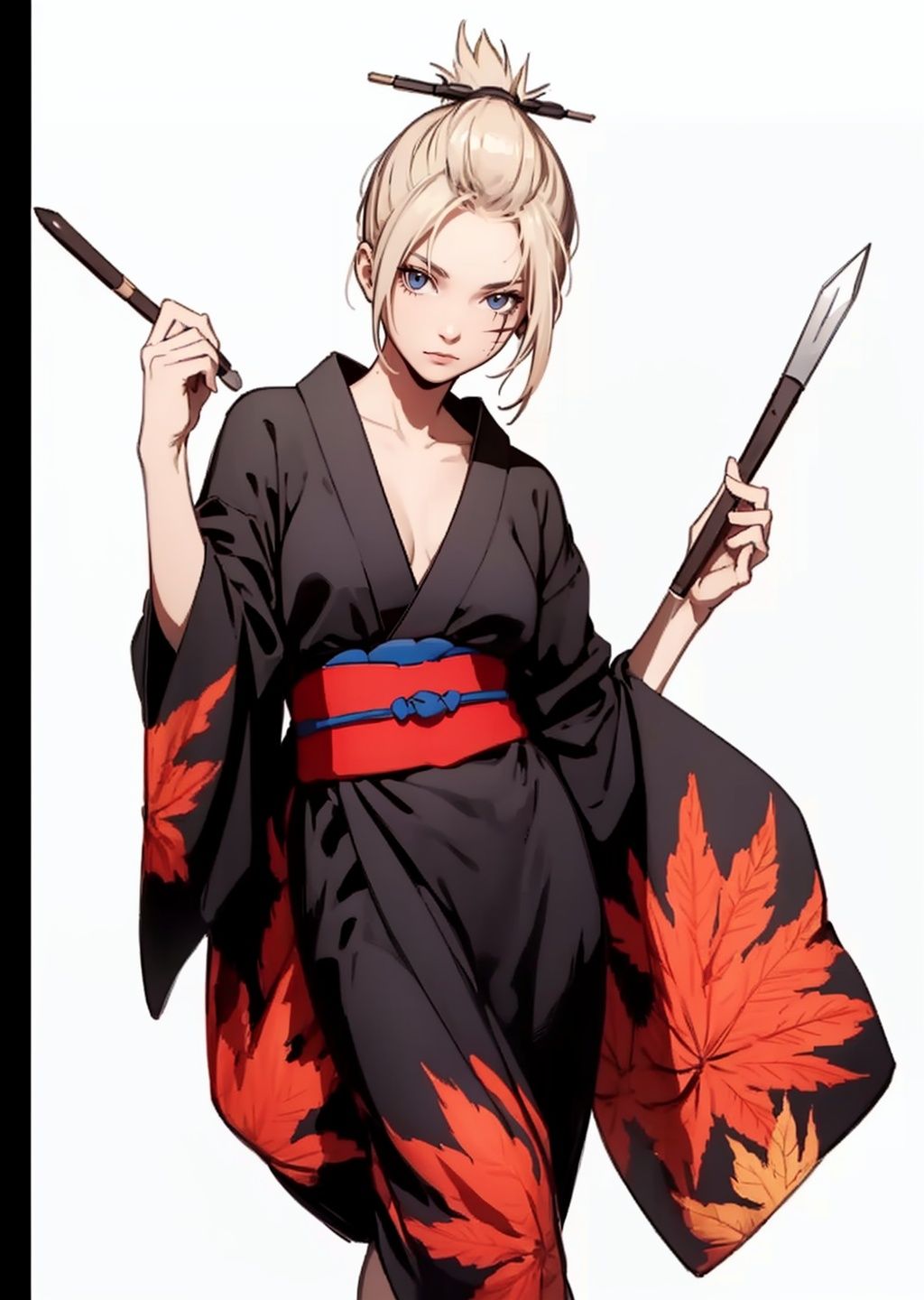 (masterpiece:1.3), (the best quality:1.2), (super fine illustrations:1.2), (Masterpiece), high quality, high detail,((white background:1.2)), looking at viewer, (SOLO:1.4),outline,,simple background, Tsukuyo,scar,Tsukuyo,ninja,kunai,kimono,japanese_clothes,hair_stick,hair_ornament,arm_wrap,autumn_leaves,blonde_hair,black_kimono,scar