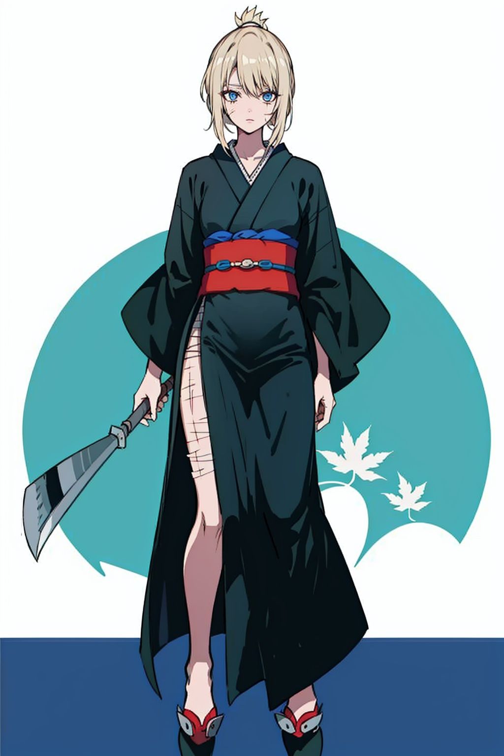 (masterpiece:1.3), (the best quality:1.2), (super fine illustrations:1.2), (Masterpiece), high quality, high detail,((white background:1.2)), looking at viewer, (SOLO:1.4),outline,,simple background, Tsukuyo,scar,Tsukuyo,ninja,kunai,kimono,japanese_clothes,hair_stick,hair_ornament,arm_wrap,autumn_leaves,blonde_hair,black_kimono,scar, scar