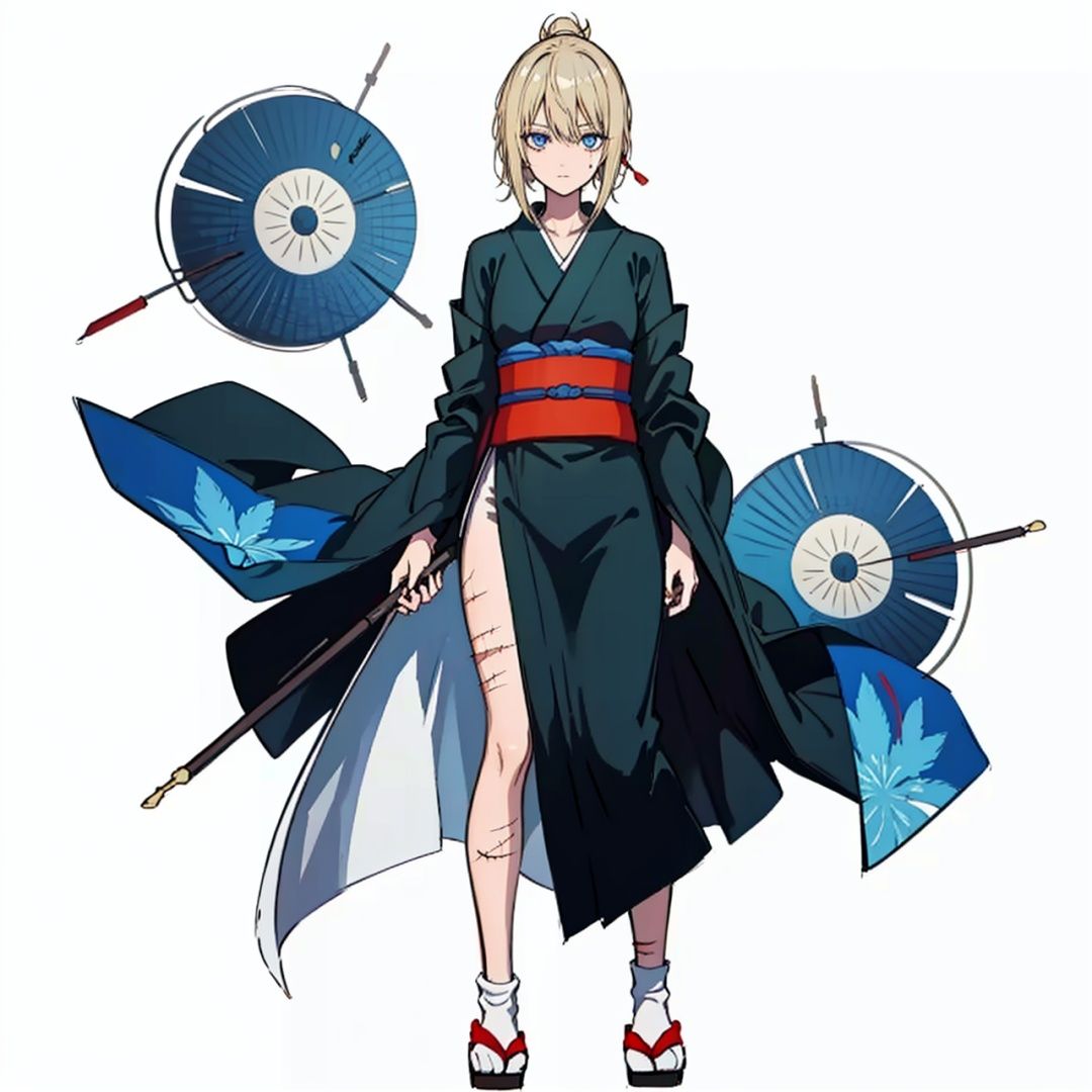 (masterpiece:1.3), (the best quality:1.2), (super fine illustrations:1.2), (Masterpiece), high quality, high detail,((white background:1.2)), looking at viewer, (SOLO:1.4),outline,,simple background, Tsukuyo,scar,Tsukuyo,ninja,kunai,kimono,japanese_clothes,hair_stick,hair_ornament,arm_wrap,autumn_leaves,blonde_hair,black_kimono,scar, scar