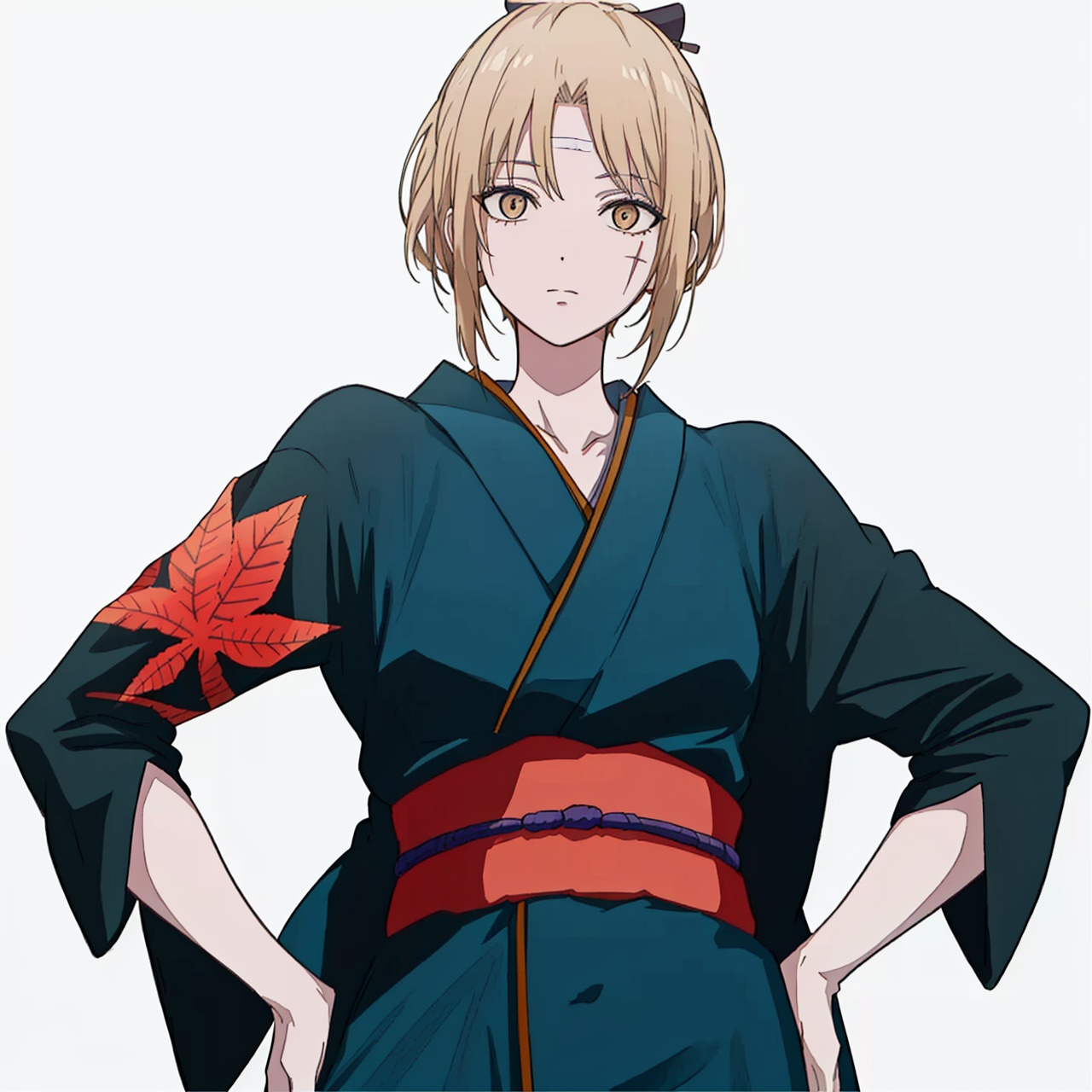  (masterpiece:1.3), (the best quality:1.2), (super fine illustrations:1.2), (Masterpiece), high quality, high detail,((white background:1.2)), looking at viewer, (SOLO:1.4),outline,,simple background, Tsukuyo,scar,Tsukuyo,ninja,kunai,kimono,japanese_clothes,hair_stick,hair_ornament,arm_wrap,autumn_leaves,blonde_hair,black_kimono,scar, scar