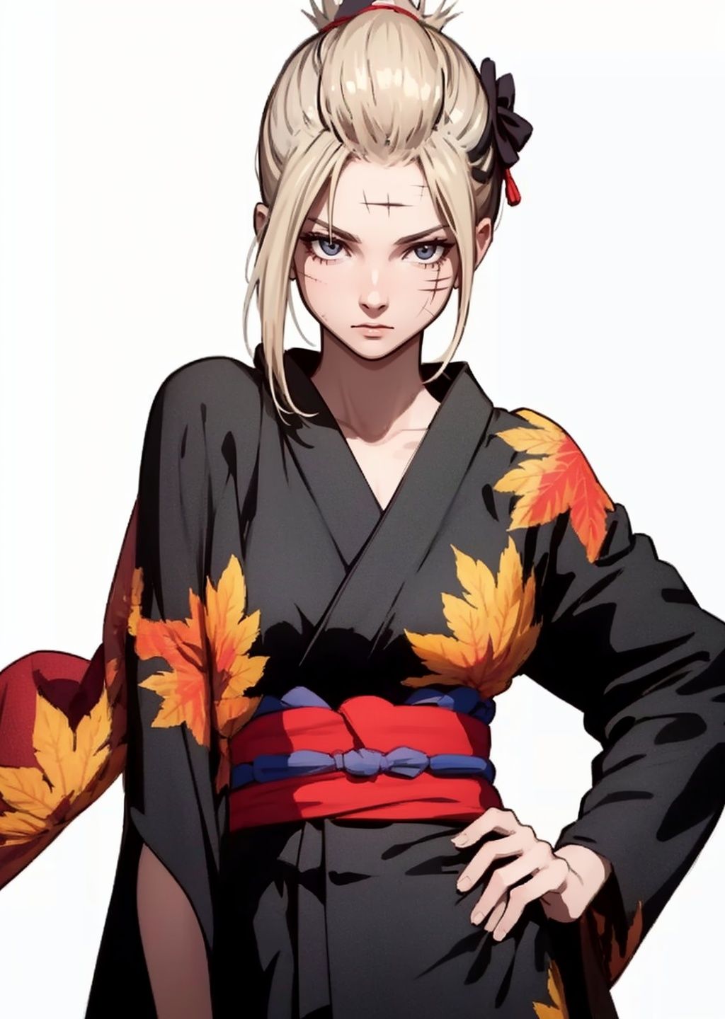(masterpiece:1.3), (the best quality:1.2), (super fine illustrations:1.2), (Masterpiece), high quality, high detail,((white background:1.2)), looking at viewer, (SOLO:1.4),outline,,simple background, Tsukuyo,scar,Tsukuyo,ninja,kunai,kimono,japanese_clothes,hair_stick,hair_ornament,arm_wrap,autumn_leaves,blonde_hair,black_kimono,scar