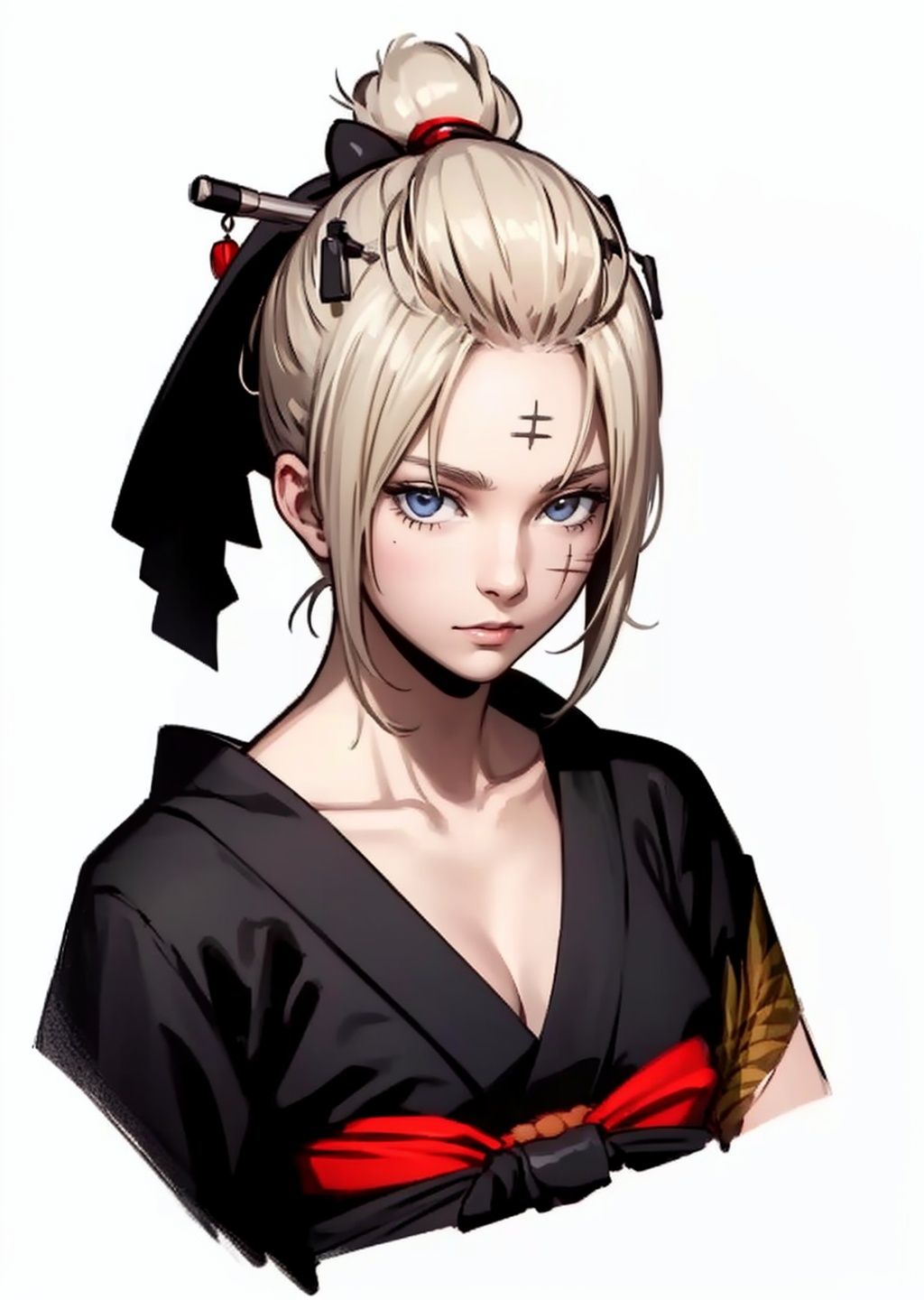 (masterpiece:1.3), (the best quality:1.2), (super fine illustrations:1.2), (Masterpiece), high quality, high detail,((white background:1.2)), looking at viewer, (SOLO:1.4),outline,,simple background, Tsukuyo,scar,Tsukuyo,ninja,kunai,kimono,japanese_clothes,hair_stick,hair_ornament,arm_wrap,autumn_leaves,blonde_hair,black_kimono,