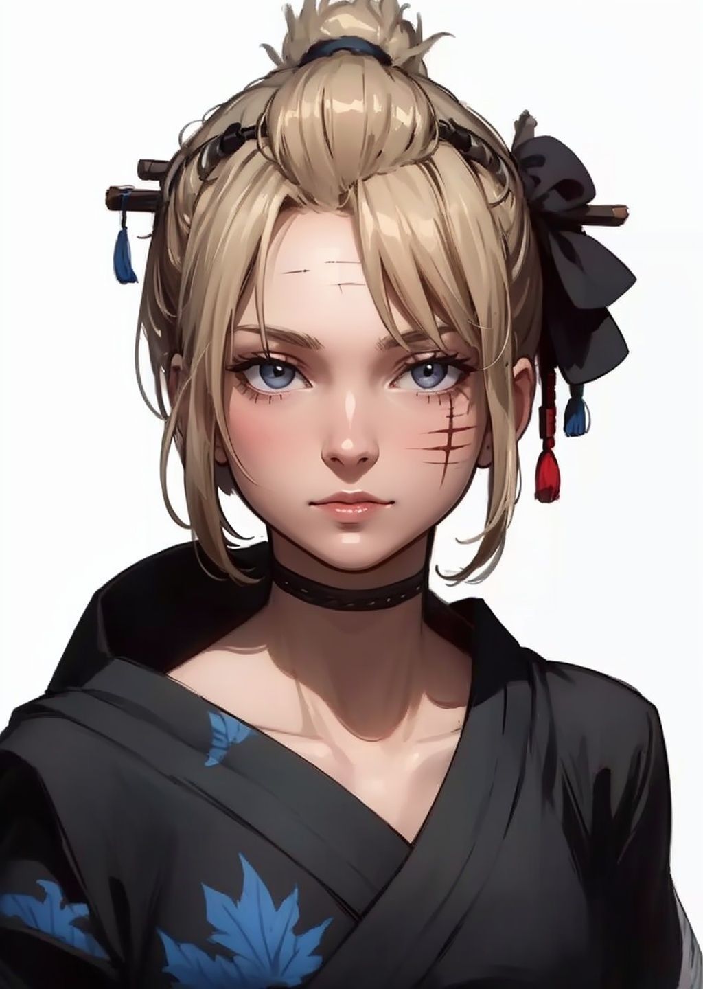 (masterpiece:1.3), (the best quality:1.2), (super fine illustrations:1.2), (Masterpiece), high quality, high detail,((white background:1.2)), looking at viewer, (SOLO:1.4),outline,,simple background, Tsukuyo,scar,Tsukuyo,ninja,kunai,kimono,japanese_clothes,hair_stick,hair_ornament,arm_wrap,autumn_leaves,blonde_hair,black_kimono,