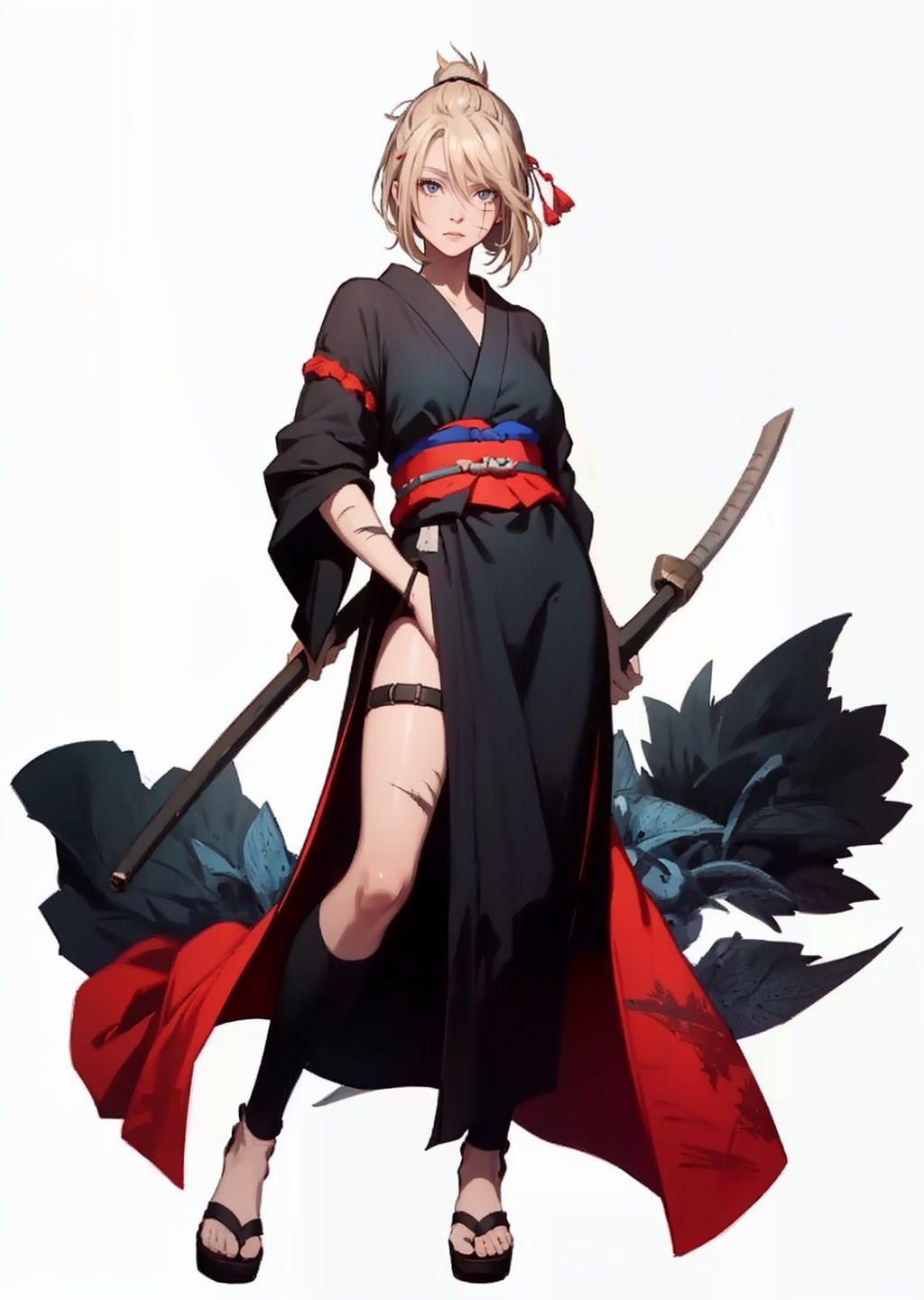 (masterpiece:1.3), (the best quality:1.2), (super fine illustrations:1.2), (Masterpiece), high quality, high detail,((white background:1.2)), looking at viewer, (SOLO:1.4),outline,,simple background, Tsukuyo,scar,Tsukuyo,ninja,kunai,kimono,japanese_clothes,hair_stick,hair_ornament,arm_wrap,autumn_leaves,blonde_hair,black_kimono,scar