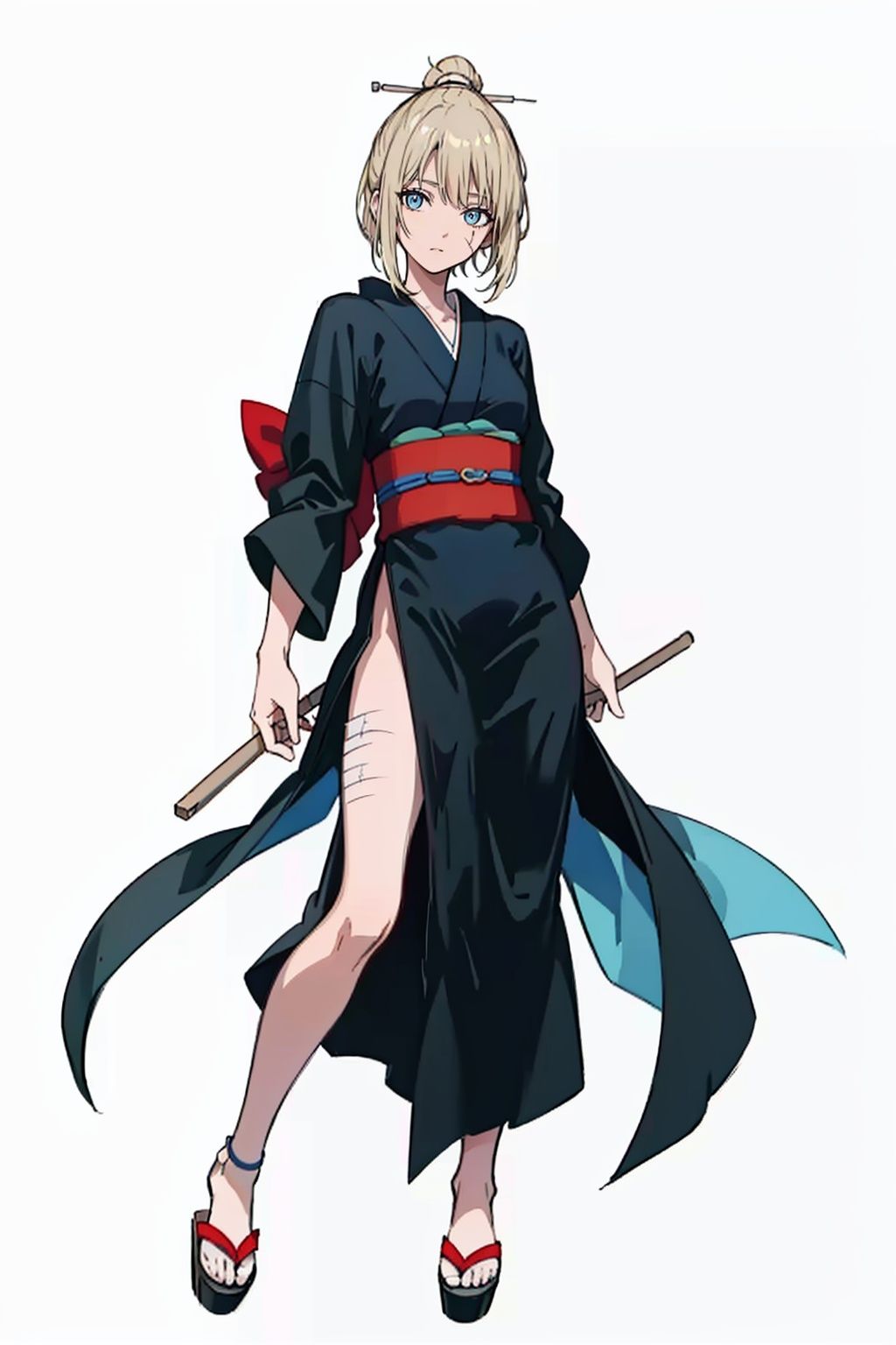 (masterpiece:1.3), (the best quality:1.2), (super fine illustrations:1.2), (Masterpiece), high quality, high detail,((white background:1.2)), looking at viewer, (SOLO:1.4),outline,,simple background, Tsukuyo,scar,Tsukuyo,ninja,kunai,kimono,japanese_clothes,hair_stick,hair_ornament,arm_wrap,autumn_leaves,blonde_hair,black_kimono,scar