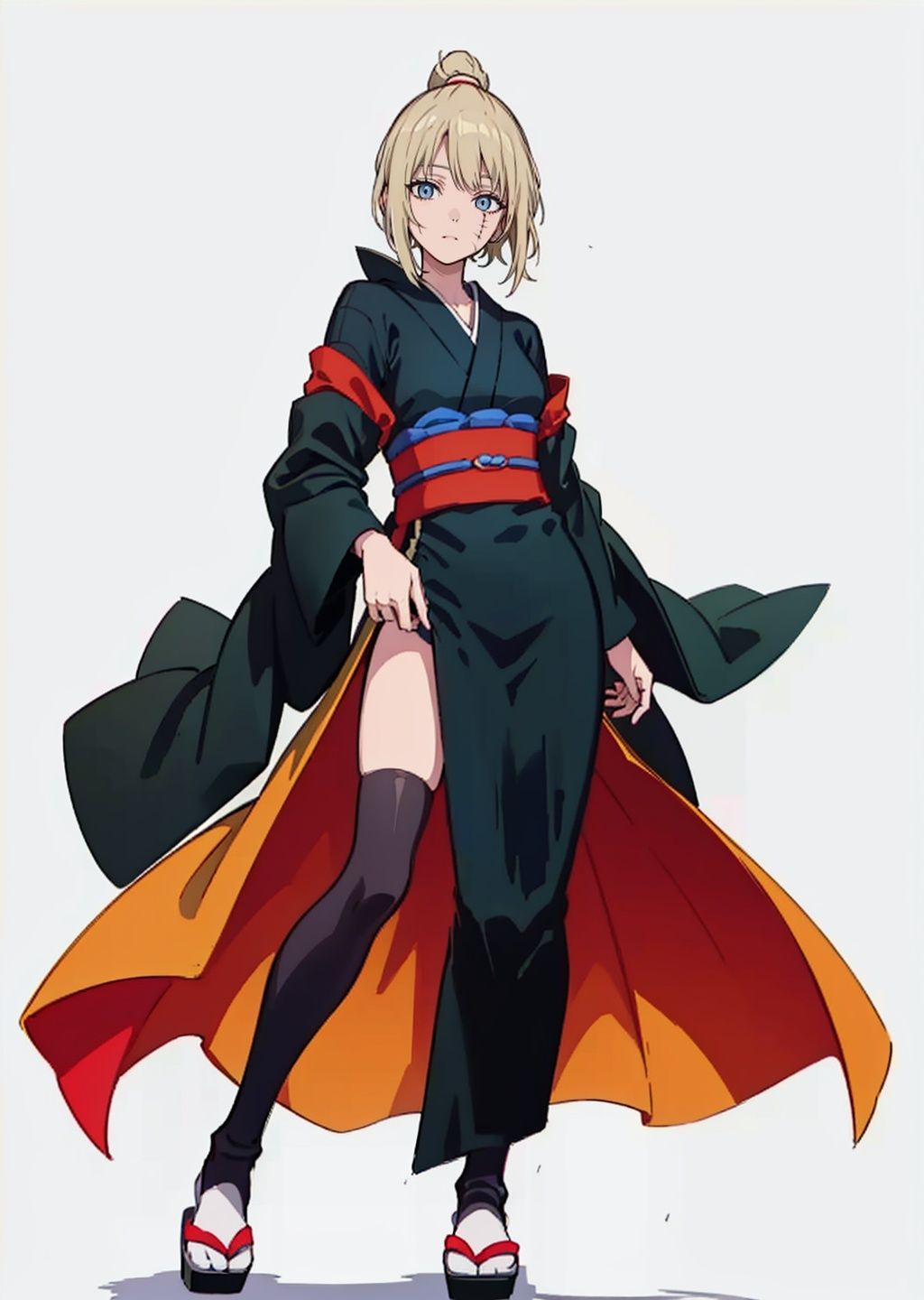 (masterpiece:1.3), (the best quality:1.2), (super fine illustrations:1.2), (Masterpiece), high quality, high detail,((white background:1.2)), looking at viewer, (SOLO:1.4),outline,,simple background, Tsukuyo,scar,Tsukuyo,ninja,kunai,kimono,japanese_clothes,hair_stick,hair_ornament,arm_wrap,autumn_leaves,blonde_hair,black_kimono,scar