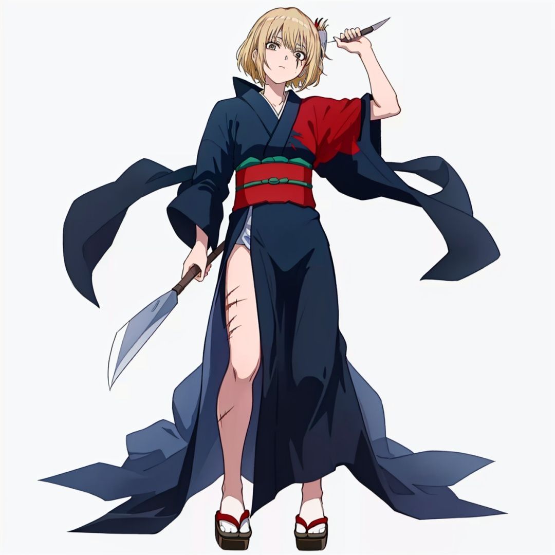(masterpiece:1.3), (the best quality:1.2), (super fine illustrations:1.2), (Masterpiece), high quality, high detail,((white background:1.2)), looking at viewer, (SOLO:1.4),outline,,simple background, Tsukuyo,scar,Tsukuyo,ninja,kunai,kimono,japanese_clothes,hair_stick,hair_ornament,arm_wrap,autumn_leaves,blonde_hair,black_kimono,scar, scar