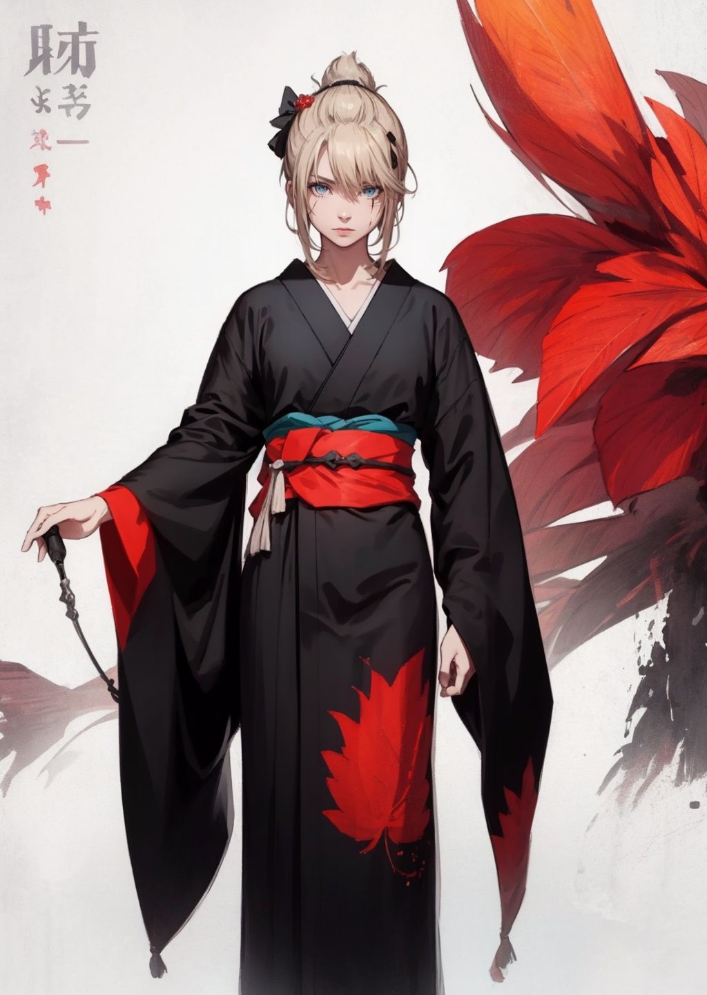 (masterpiece:1.3),  (the best quality:1.2),  (super fine illustrations:1.2),  (Masterpiece),  high quality,  high detail, ((white background:1.2)),  looking at viewer,  (SOLO:1.4), outline, , simple background,  Tsukuyo, scar, Tsukuyo, ninja, kunai, kimono, japanese_clothes, hair_stick, hair_ornament, arm_wrap, autumn_leaves, blonde_hair, black_kimono, scar, 