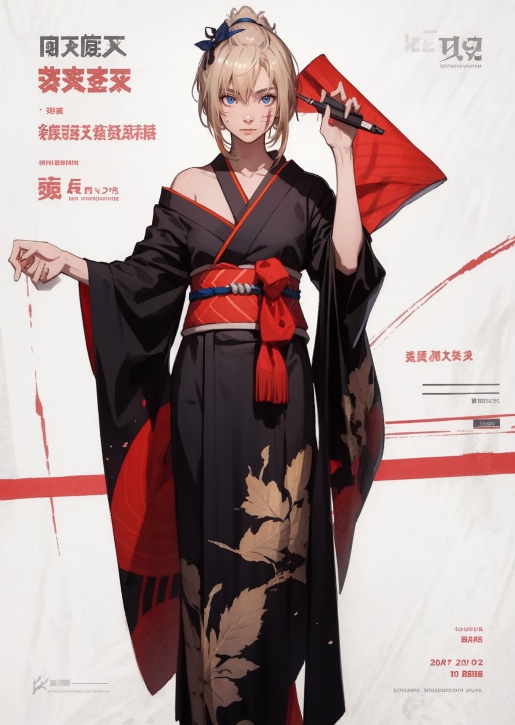 (masterpiece:1.3),  (the best quality:1.2),  (super fine illustrations:1.2),  (Masterpiece),  high quality,  high detail, ((white background:1.2)),  looking at viewer,  (SOLO:1.4), outline, , simple background,  Tsukuyo, scar, Tsukuyo, ninja, kunai, kimono, japanese_clothes, hair_stick, hair_ornament, arm_wrap, autumn_leaves, blonde_hair, black_kimono, scar, 