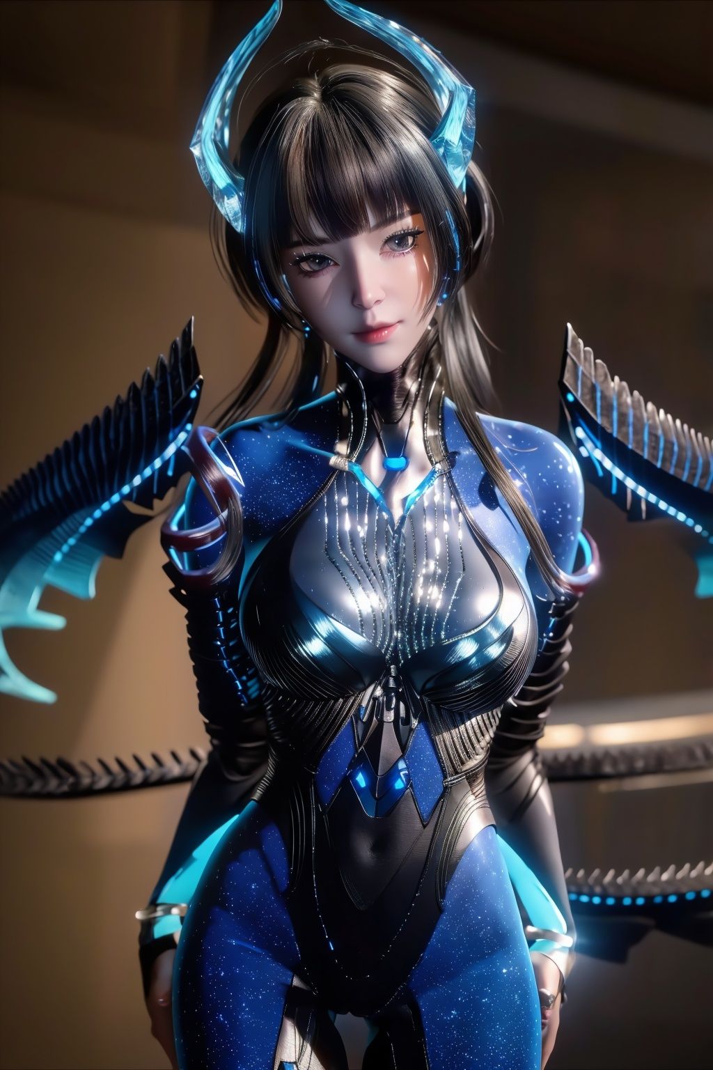 (8k, RAW photo, best quality, masterpiece:1.2),(realistic, photo-realistic:1.3), ultra-detailed, extremely detailed cg 8k wallpaper,(crystalstexture skin:1.2), (extremely delicate and beautiful),hatching (texture),skin gloss,light personal,She has a soft, gentle smile and expressive eyes,Capture the image as if it were taken on an old-school 35mm film for added charm,pov, arms behind back,1girl, wings, solo, tail, hands on hips, glowing, breasts, mechanical tail, bodysuit, horns, looking at viewer, standing, neon trim, glowing eyes, science fiction,blue skin,bodysuit, (full shot), <lora:FilmG4:0.7> , pureerosface_v1, mm-hd,mmc-hd ,<lora:904bbt-000017:0.8>