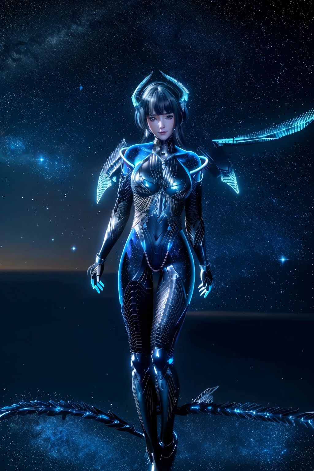 (8k, RAW photo, best quality, masterpiece:1.2),(realistic, photo-realistic:1.3), ultra-detailed, extremely detailed cg 8k wallpaper,(crystalstexture skin:1.2), (extremely delicate and beautiful),hatching (texture),skin gloss,light personal,(((starry sky,night))),(((starry background:1.6, shooting stars,))),on beach, expressive eyes,Capture the image as if it were taken on an old-school 35mm film for added charm,pov, arms behind back,on front, Fixing Her Hair,1girl, wings, solo, tail, glowing, breasts, mechanical tail, bodysuit, horns, looking at viewer, standing, neon trim, glowing eyes, science fiction,blue skin,bodysuit, colored skin,short hair, gloves, blue footwear, (full shot), <lora:FilmG4:0.7> , pureerosface_v1, mm-hd,mmc-hd ,<lora:904bbt-000018:0.86>