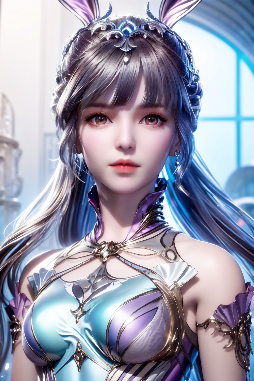 (Hyper Real), (illustration), (high resolution), (8K), (Very detailed), (Best Illustration), (Beautiful detailed eyes), (Best quality), (Super detailed), (Masterpiece), (the wallpaper), (Detailed face), Solo, (Dynamic pose), 1girl,jewelry,wings,dress,crystal,Peacock feathers,1 girl,yuyao,xwhd,rabbit ears,animal ears,(upper body),huliya