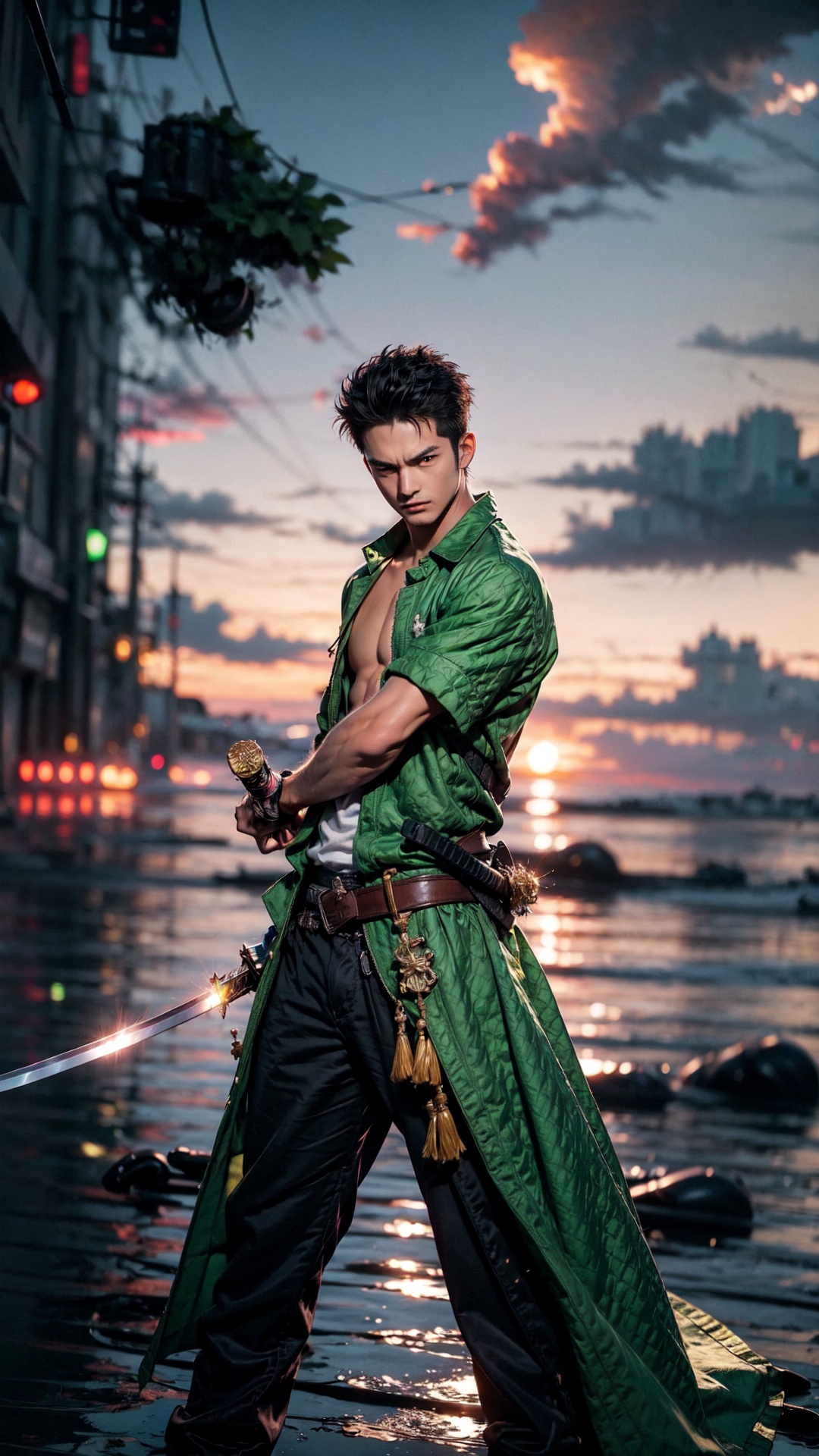 Roronoa Zoro,  the iconic character from the One Piece anime: "Generate a striking and highly detailed visual representati...