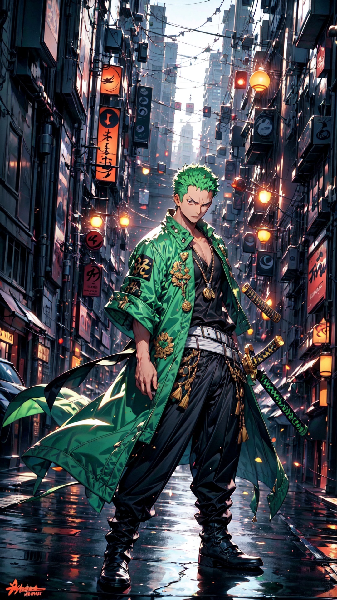 Roronoa Zoro,  the iconic character from the One Piece anime: "Generate a striking and highly detailed visual representati...