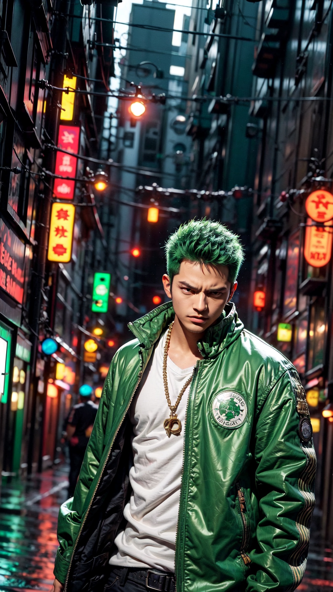 Roronoa Zoro,  the iconic character from the One Piece anime: "Generate a striking and highly detailed visual representati...