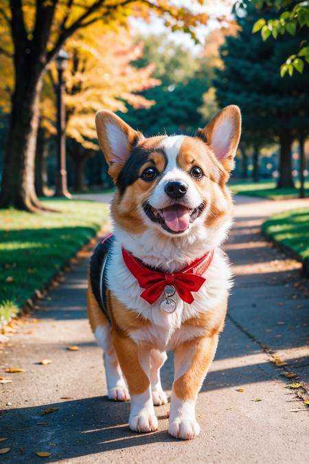 a cute pet corgi,  wearing a red ribbon,  walk in the park on Tensor.Art