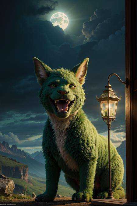 (dynamic camera),  green monster with humanoid features with ears and open mouth,  in a fairy but gloomy environment on Te...