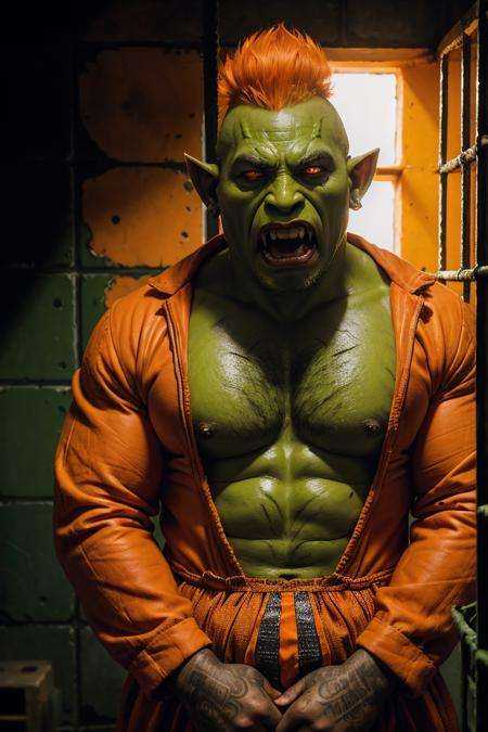 (evil scream orc) sits in a cell,  green skin,  prisoner on Tensor.Art